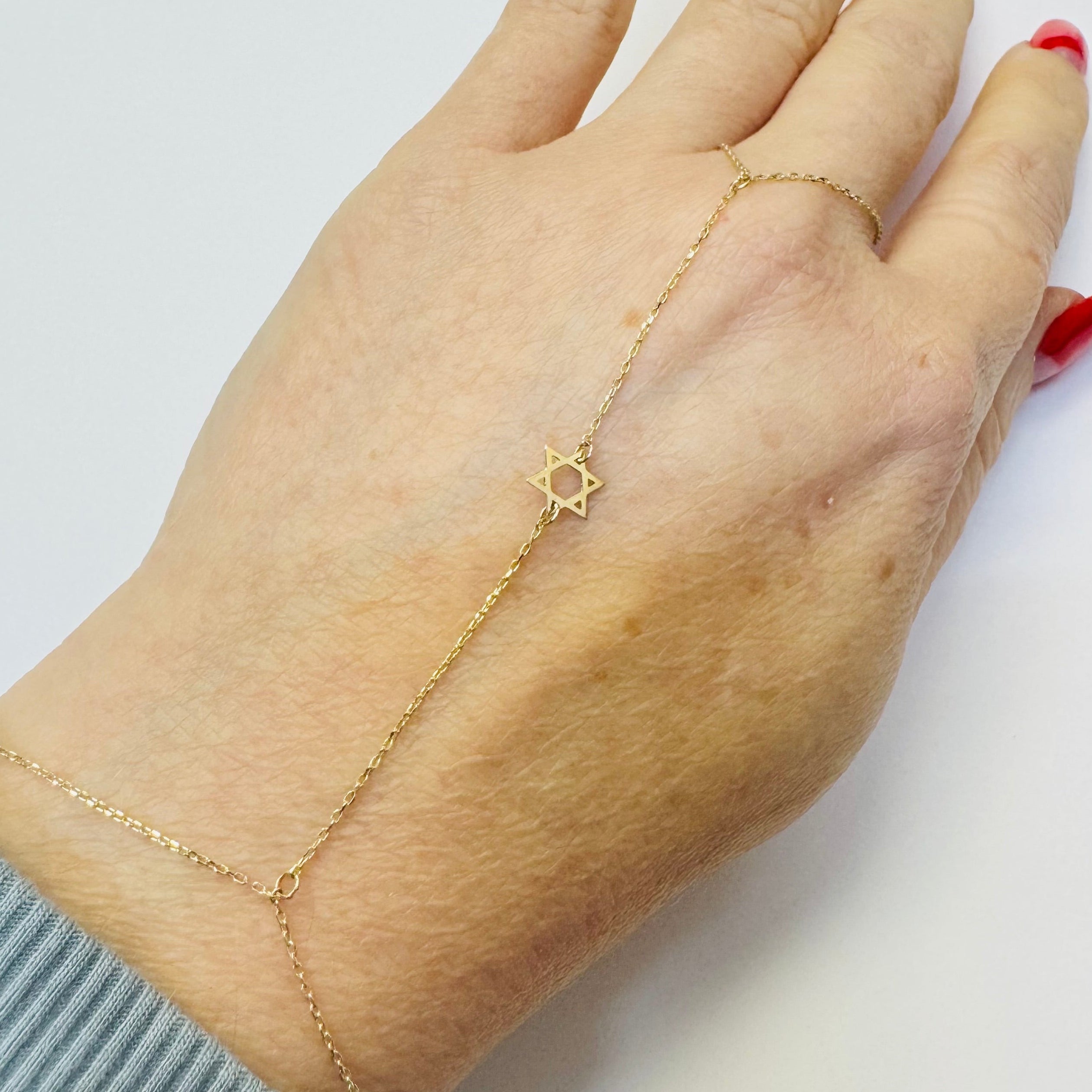 Solid 14K Yellow Gold Star of David Hand Chain
