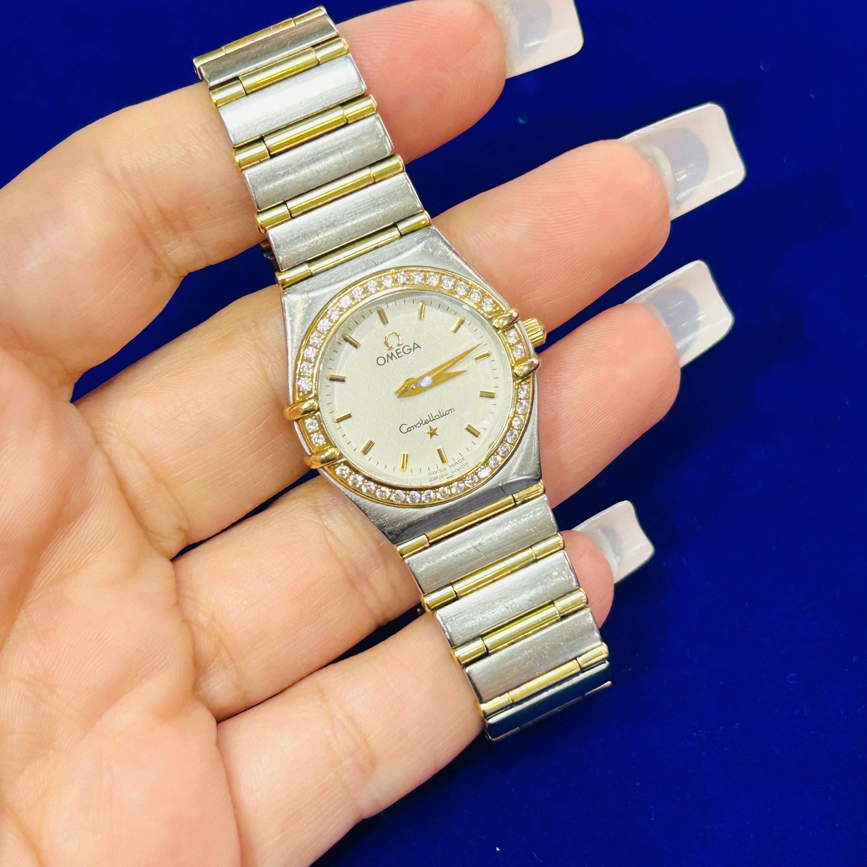 Omega Constellation Quartz  18k Yellow Gold Steel 25mm Diamond Bezel  6.5"