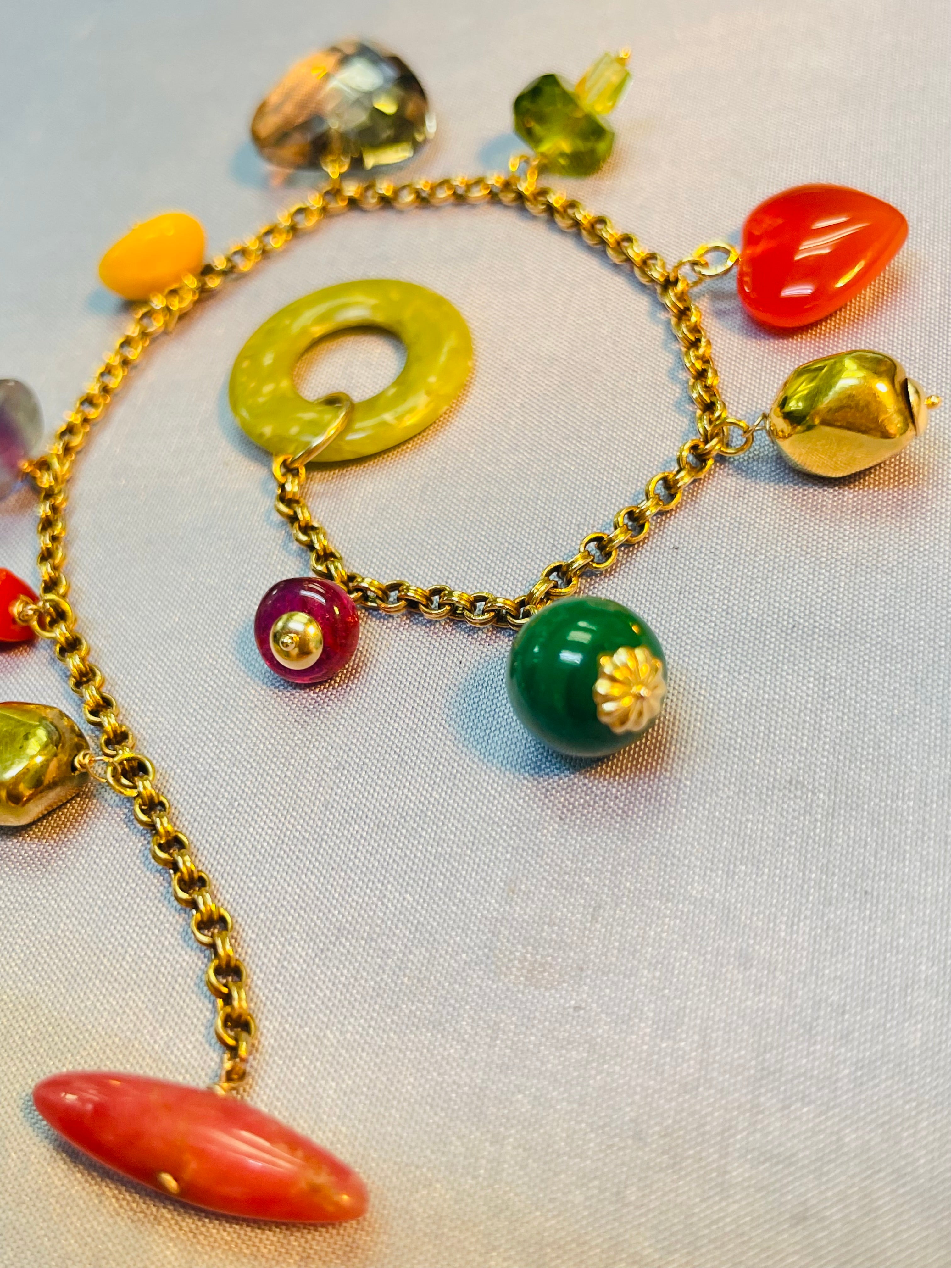 Gem Garden Solid 14K Yellow Gold Multi Gem Pastel Charm Bracelet