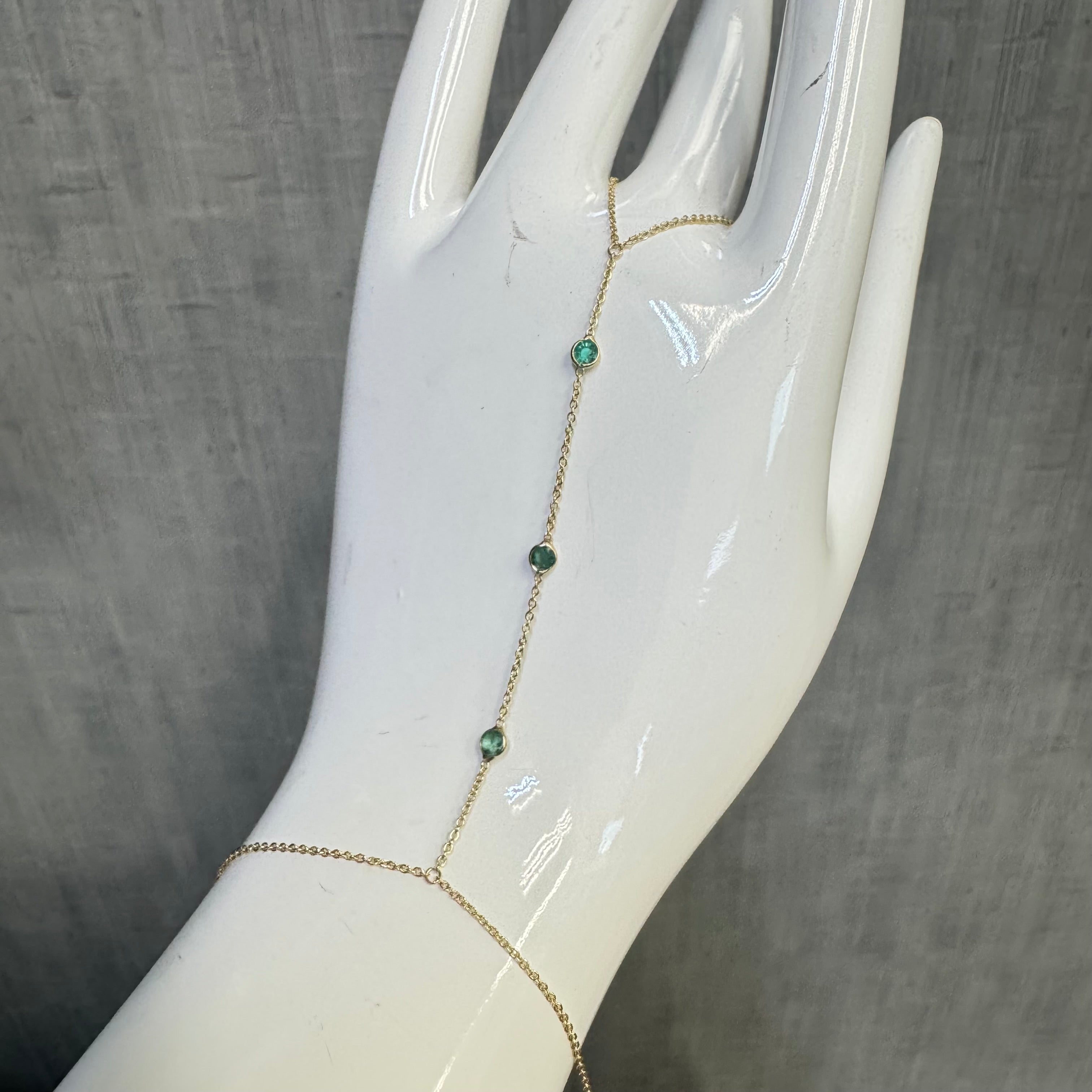 14K Yellow Gold Natural 3 Stone Emerald Handchain