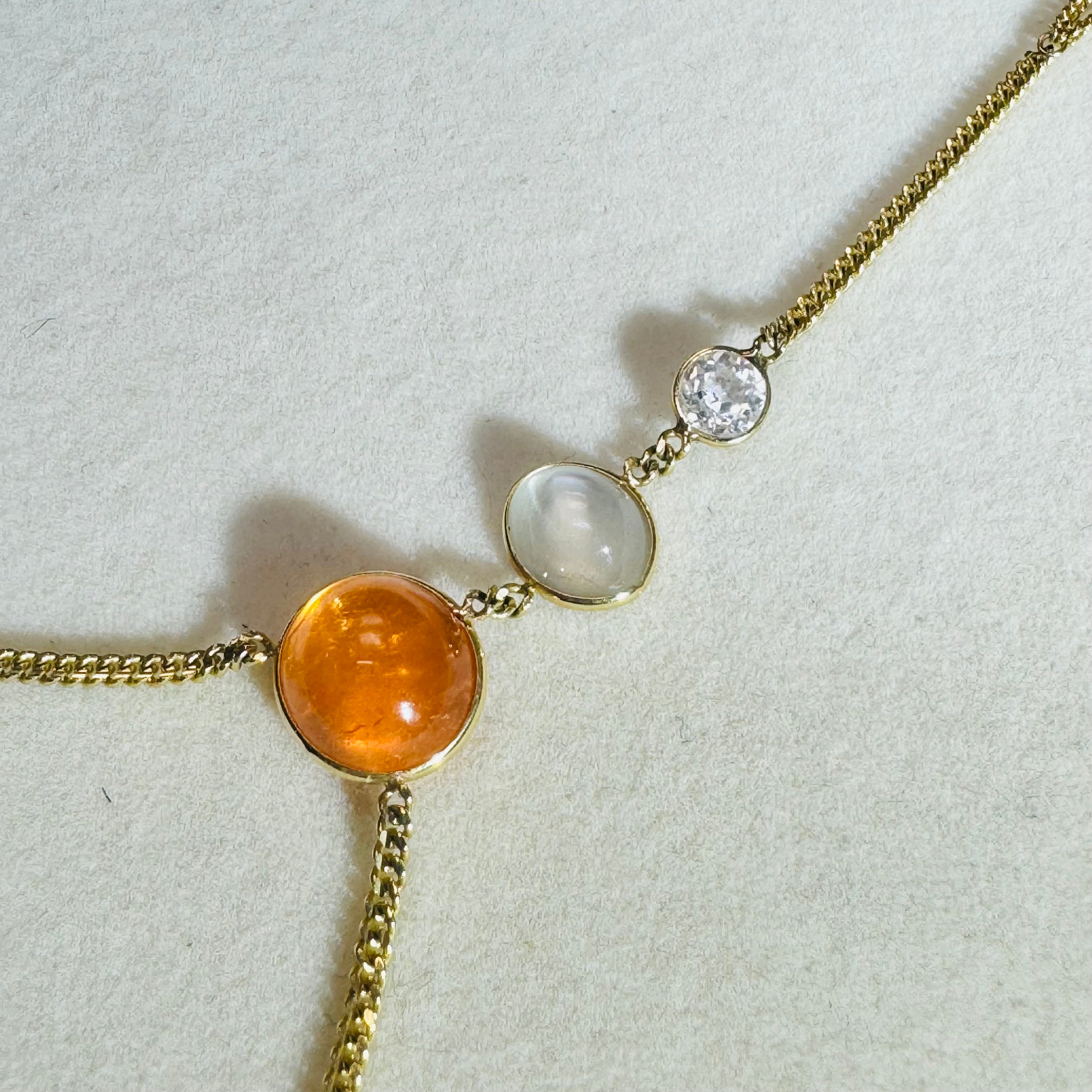 Mandarin Garnet Moonstone and Old Mine Cut Diamond 14K Yellow Gold Hand Chain