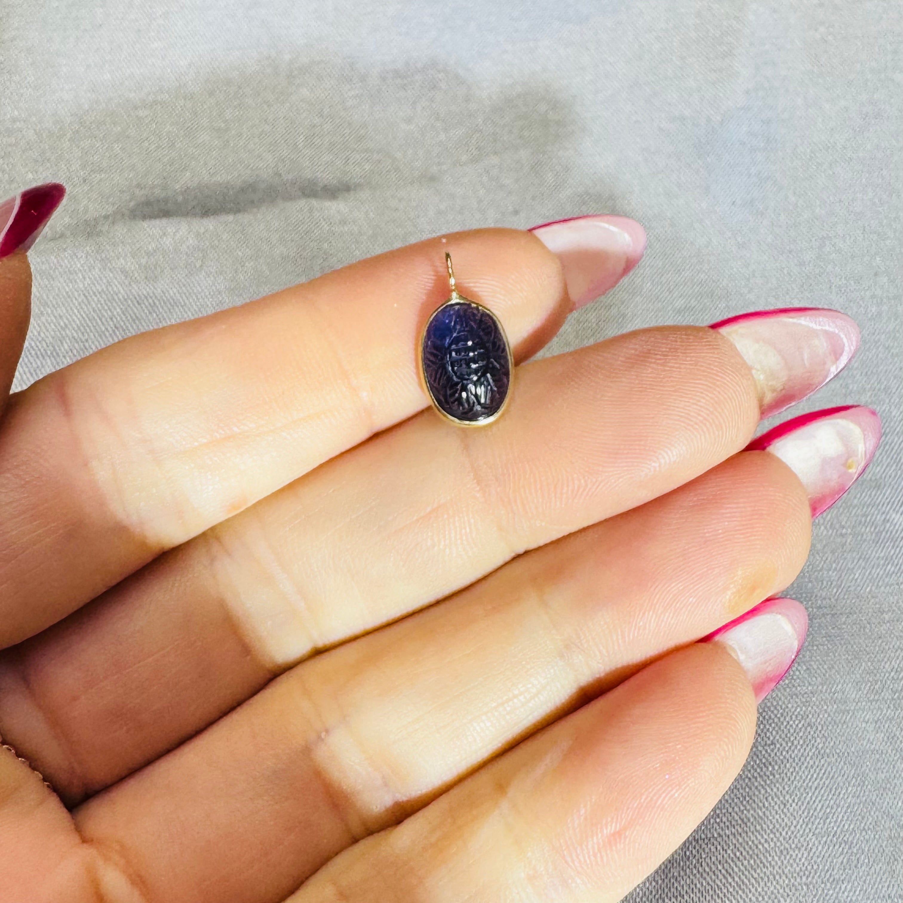 Carved Blue Iolite Pendant 14K Yellow Gold