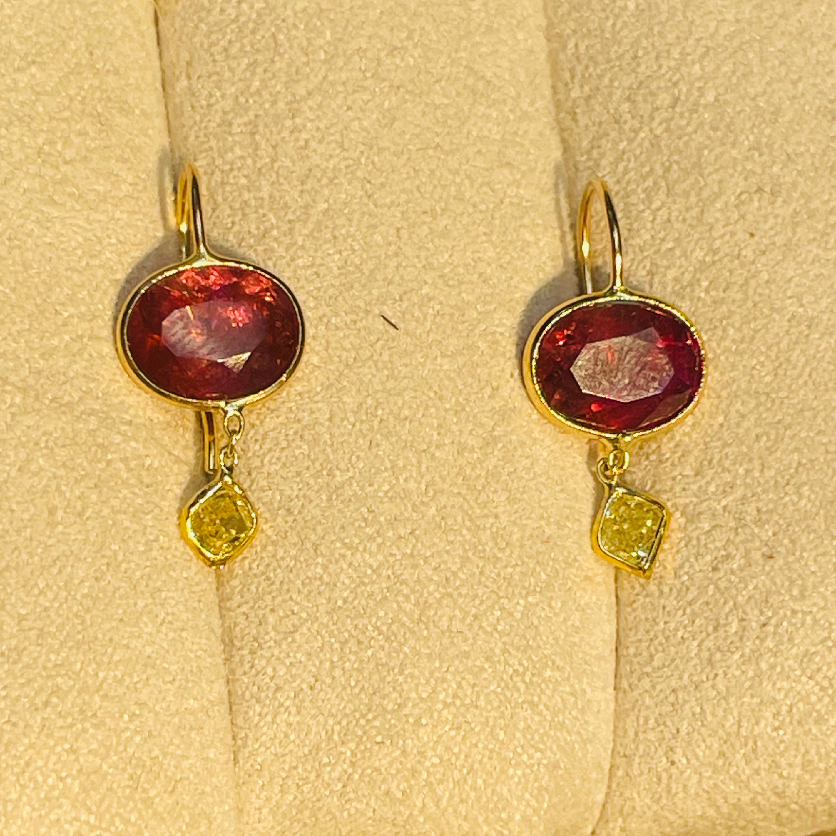 Pink Tourmaline and Canary Yellow Diamond 14K Yellow Gold Drop Earrings