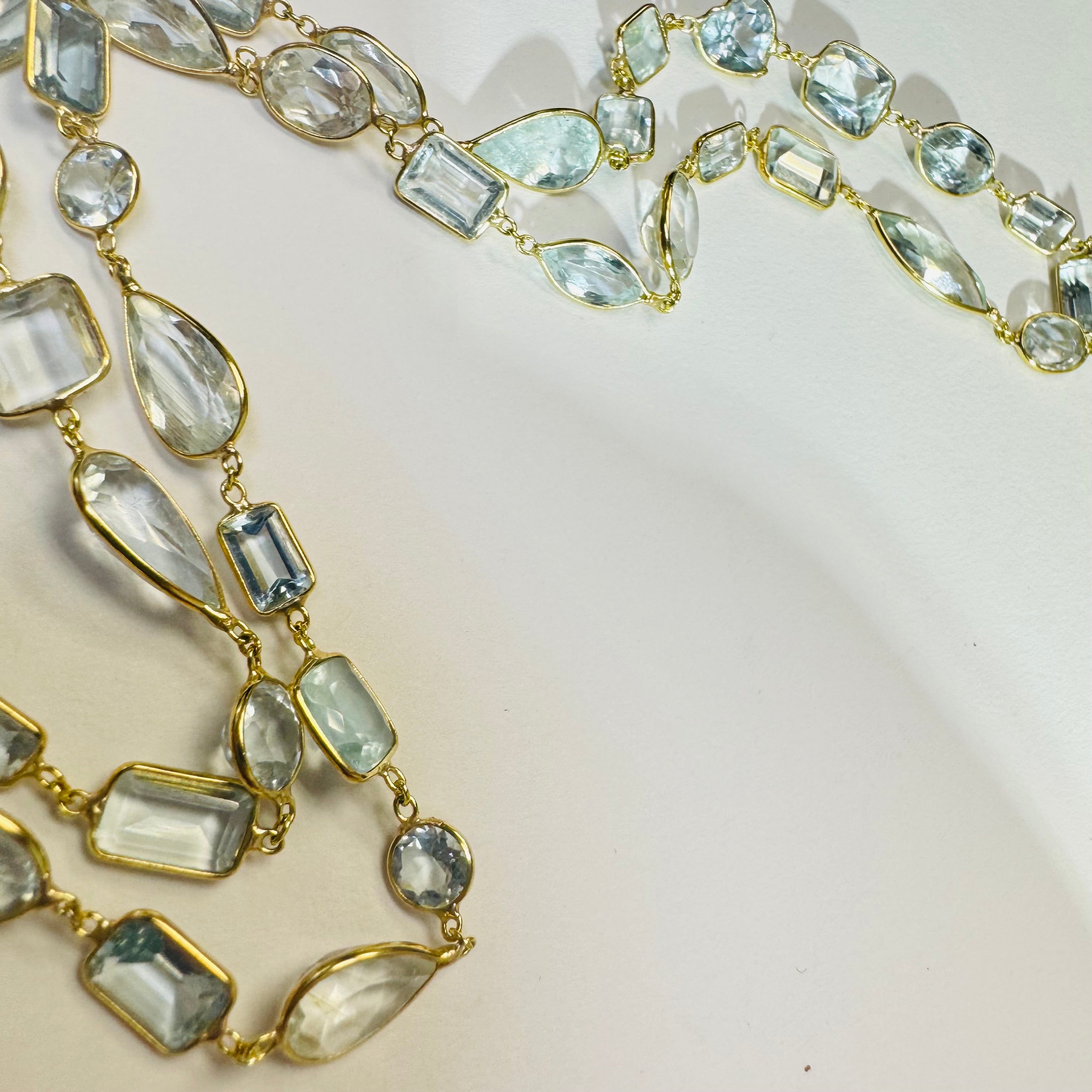 Natural 105 Carats of Aquamarine Solid 18K Yellow Gold By the Yard Necklace Super Long Necklace 42"