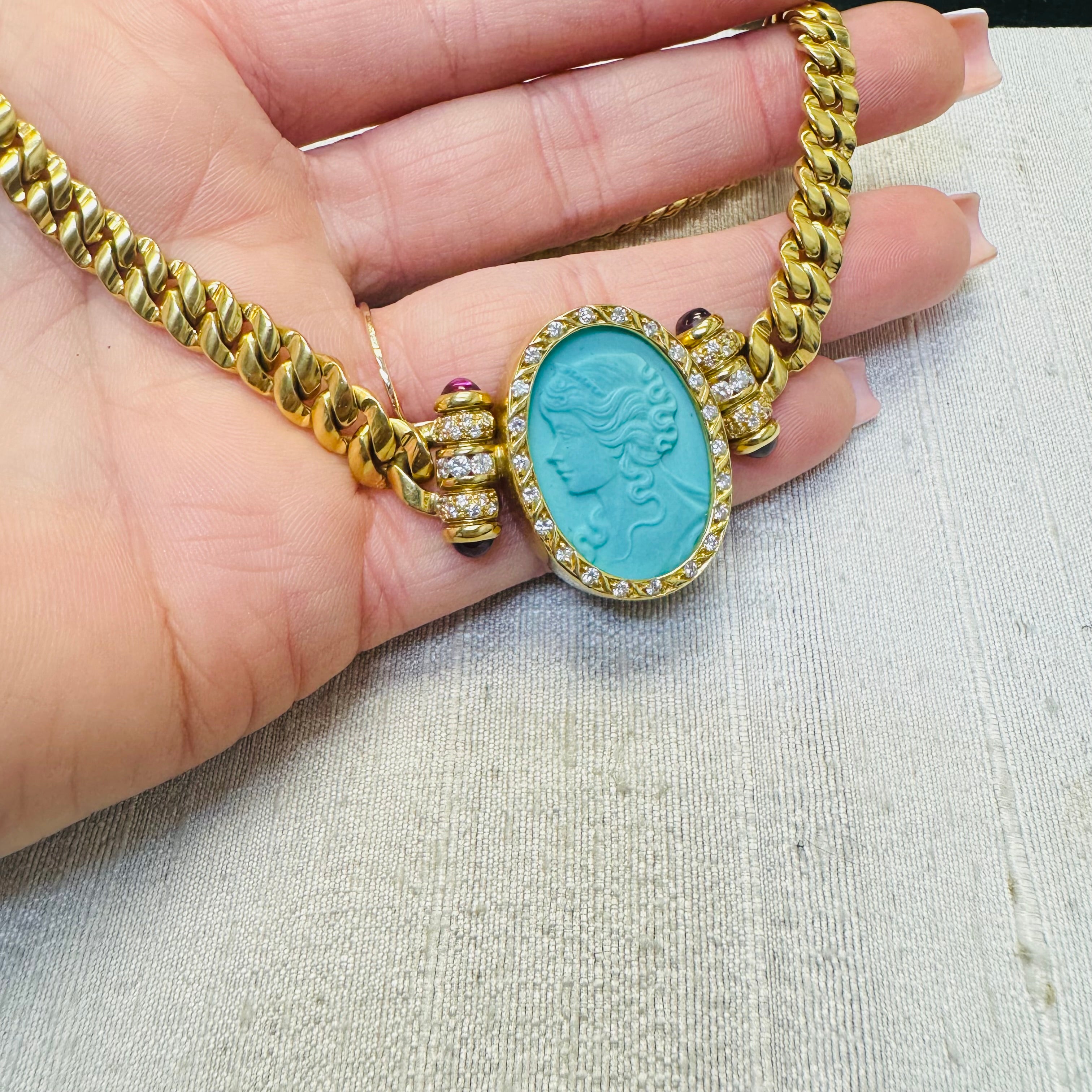 Vintage Persian Turquoise Cameo Necklace on  a Tapered Curb Link Solid 18K Gold