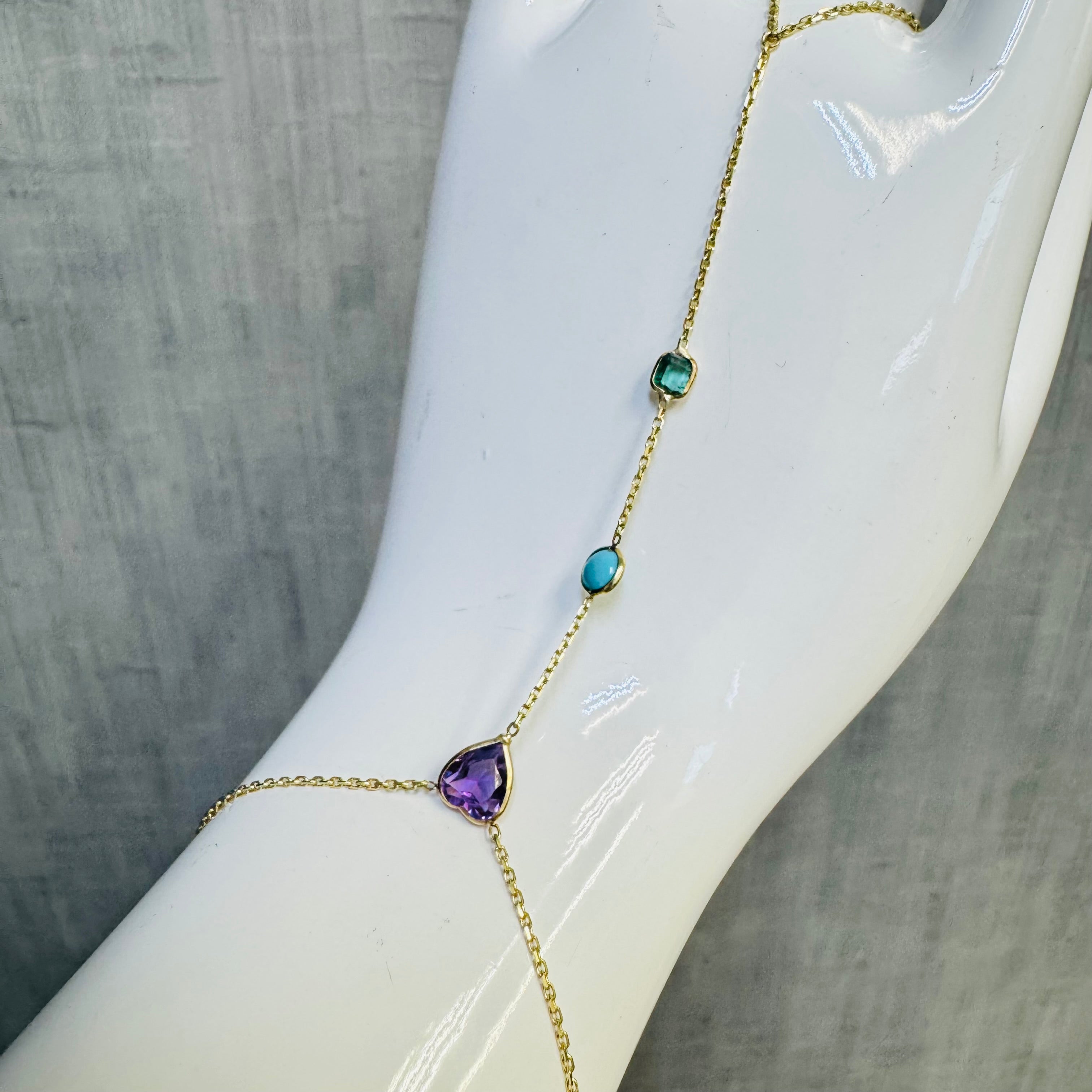 Emerald Turquoise Amethyst 14K Yellow Gold Handchain