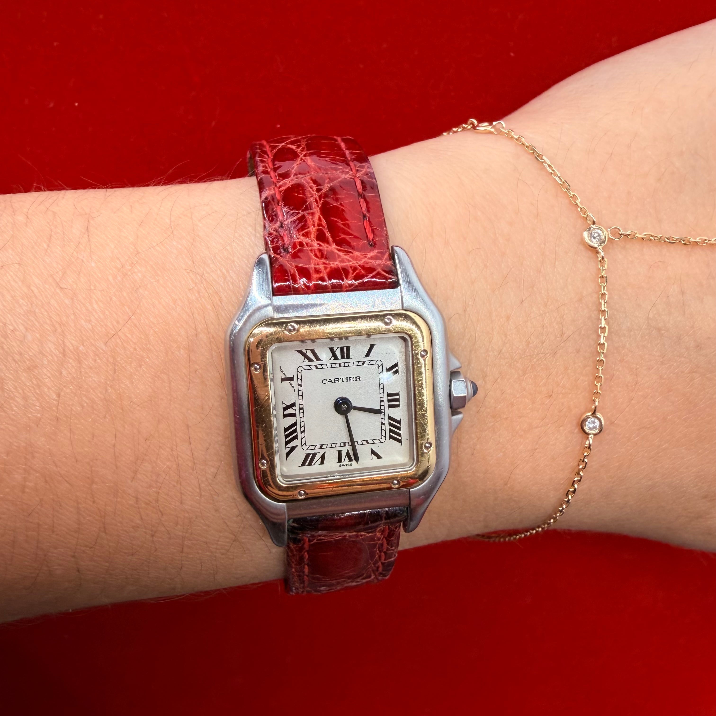 Cartier 18K Yellow Gold & Stainless Steel Red Leather Panthere Automatic Wrist Watch 6.5”