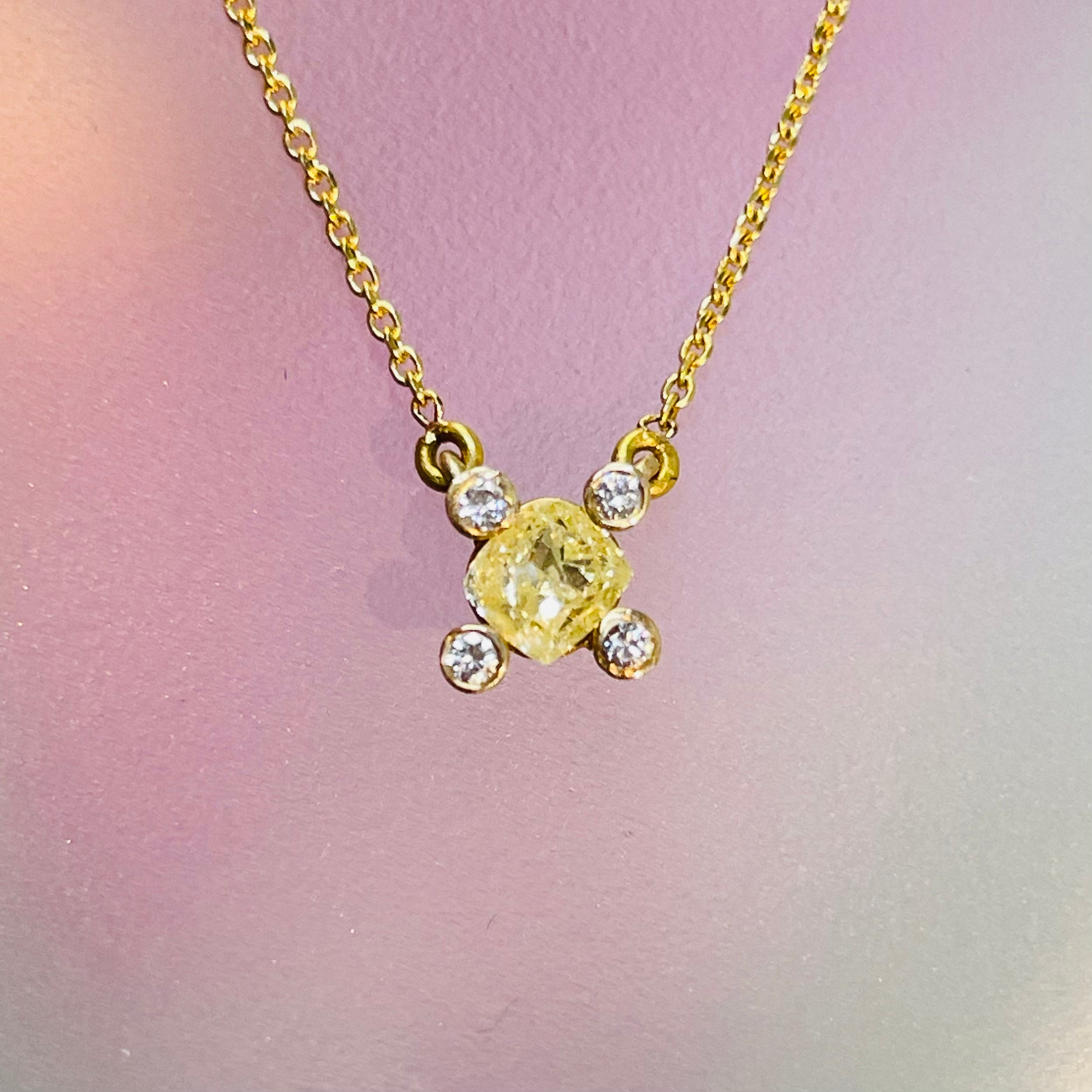 .40CT Canary Diamond Cushion Solitaire 16” 14K Yellow Gold Solitaire Necklace with Diamond Tipped Prongs