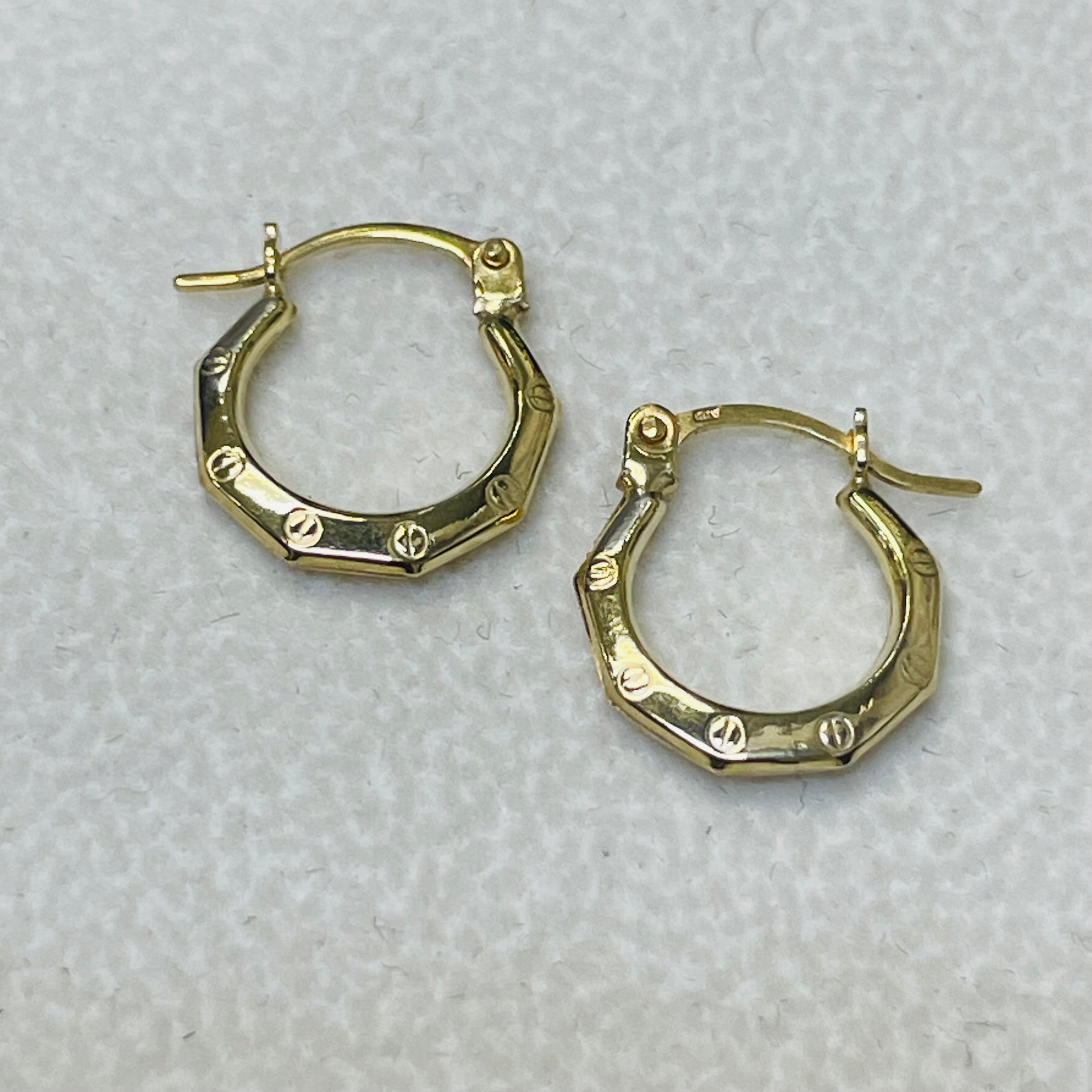 1/2” 10K Yellow Gold Hexagon Screw Pattern Hoop Earrings