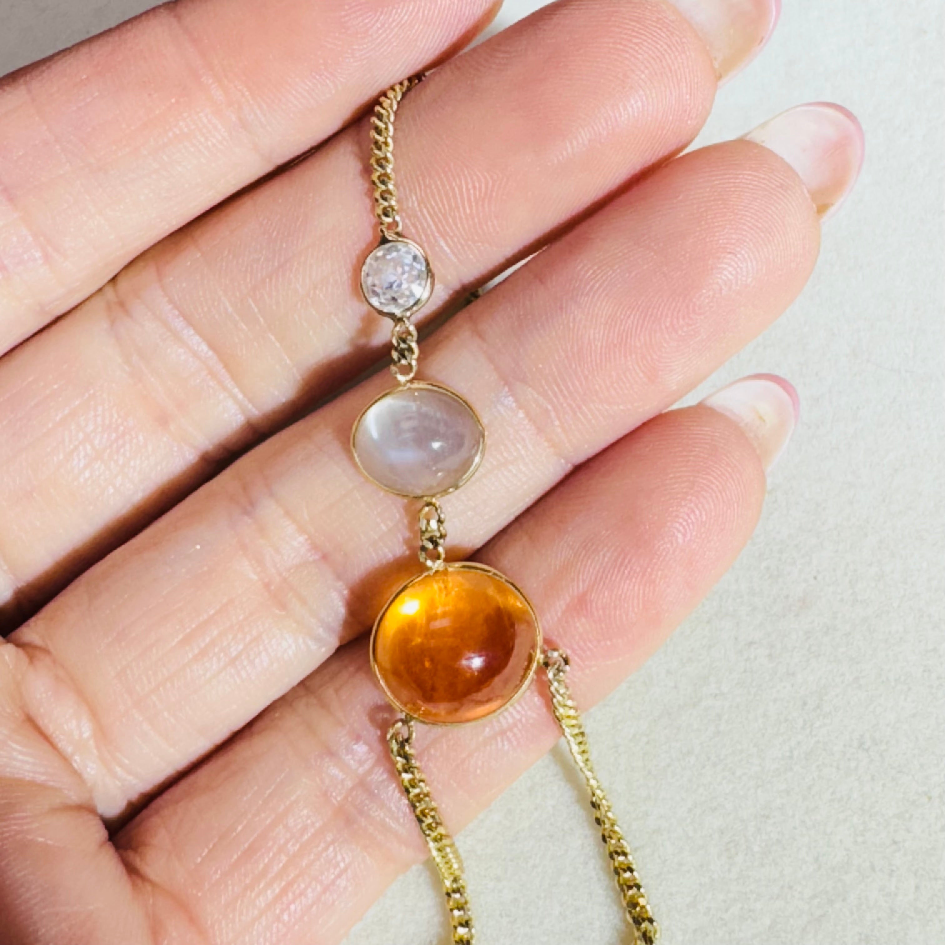 Mandarin Garnet Moonstone and Old Mine Cut Diamond 14K Yellow Gold Hand Chain