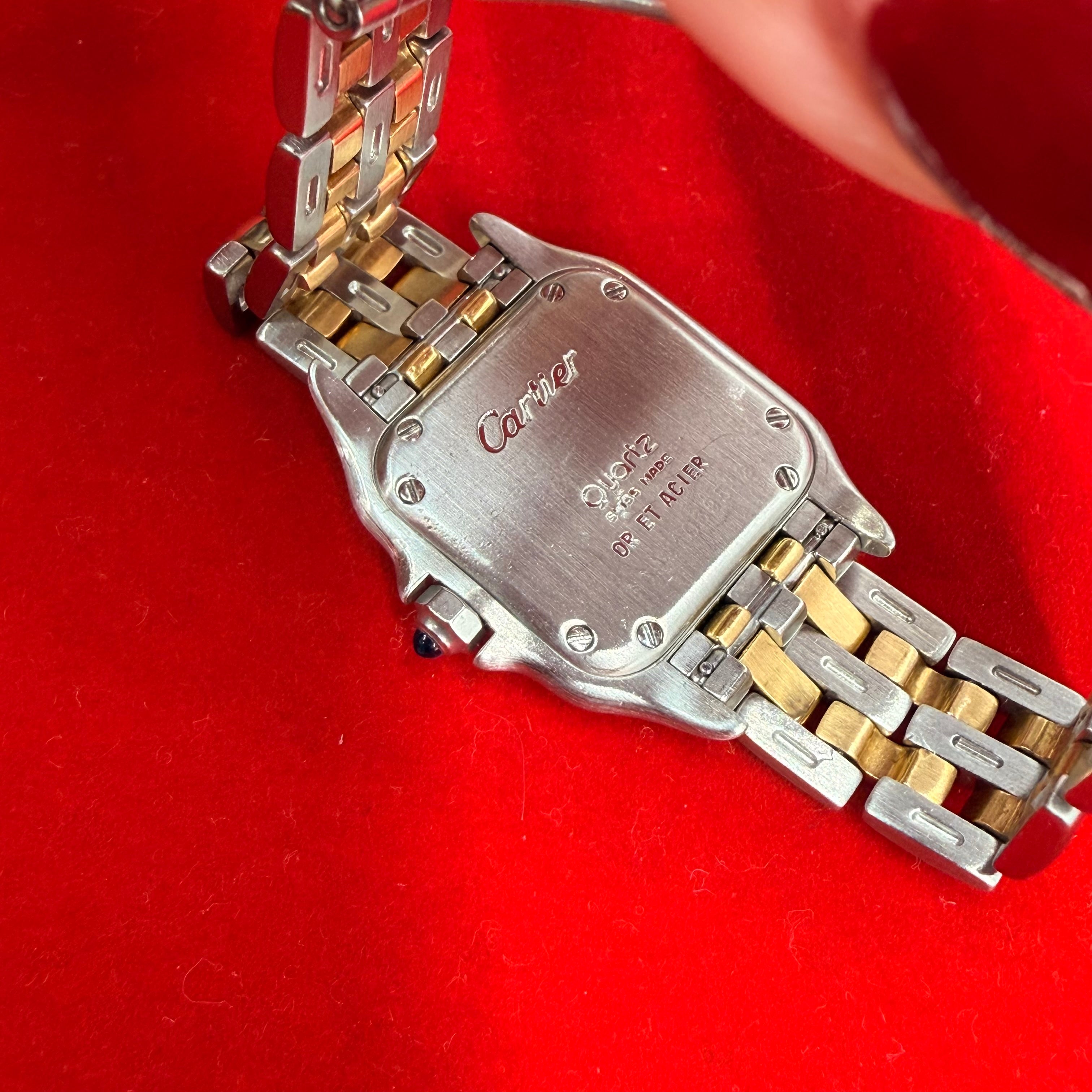 Vintage 18K Yellow Gold & Stainless Steel Small Panthere Quartz Wrist Watch Two Row Gold