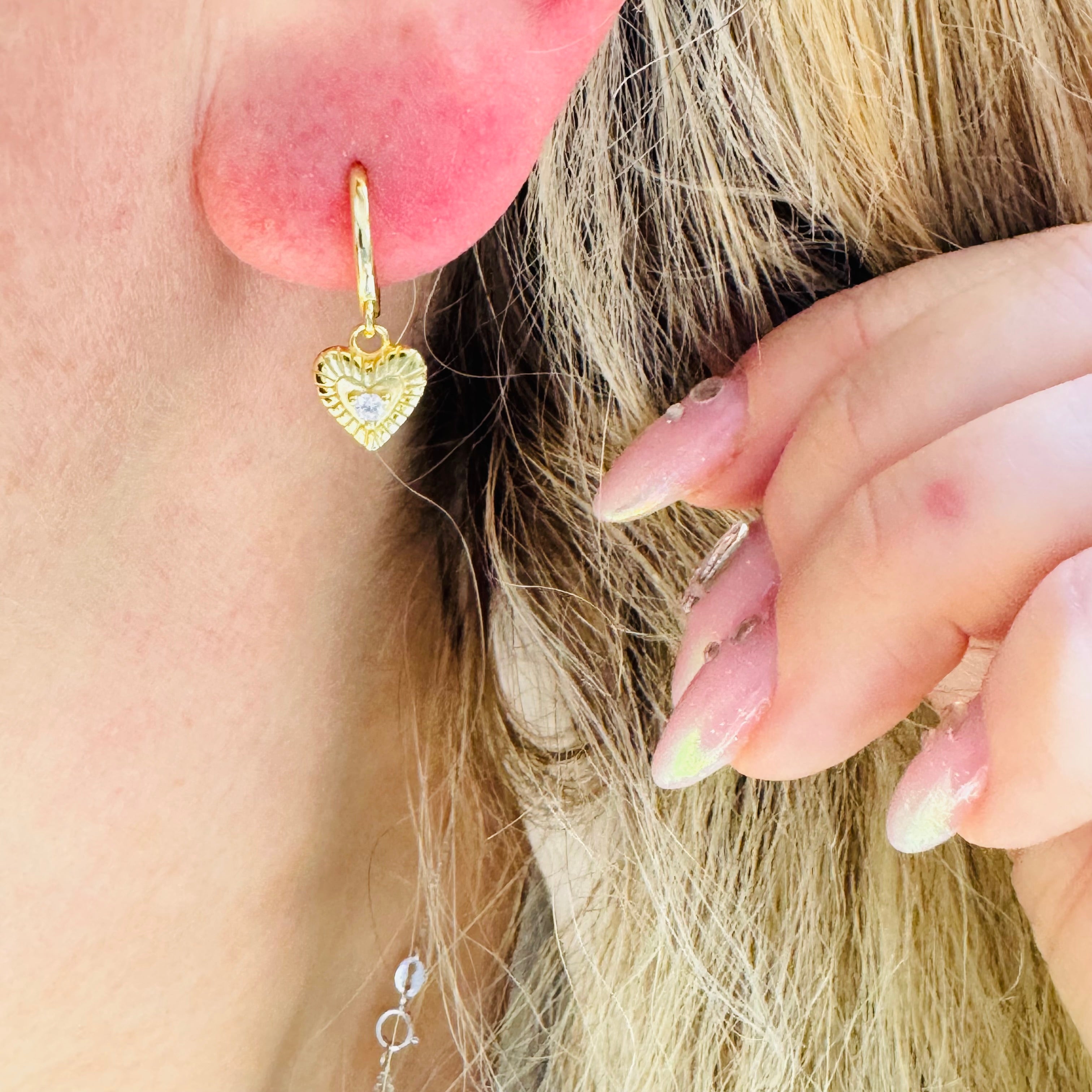 Yellow Gold over Sterling Silver Dangling Heart Huggie Hoop Earrings