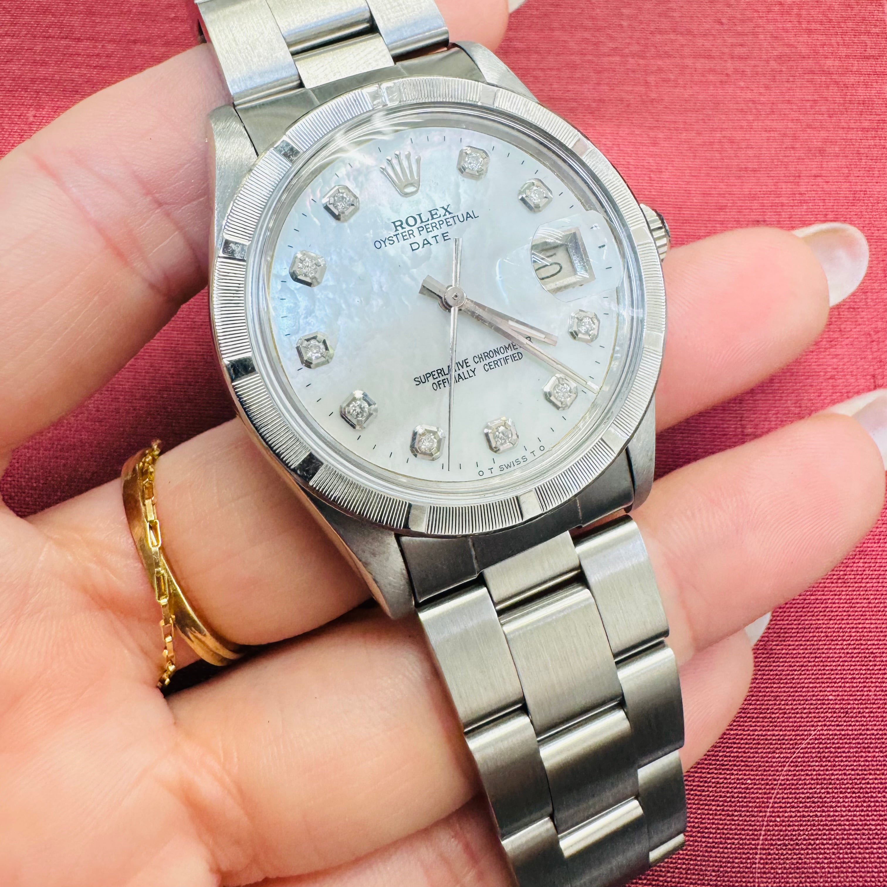 34mm Stainless Rolex Date Mother of Pearl Diamond Dial Watch Year 1983