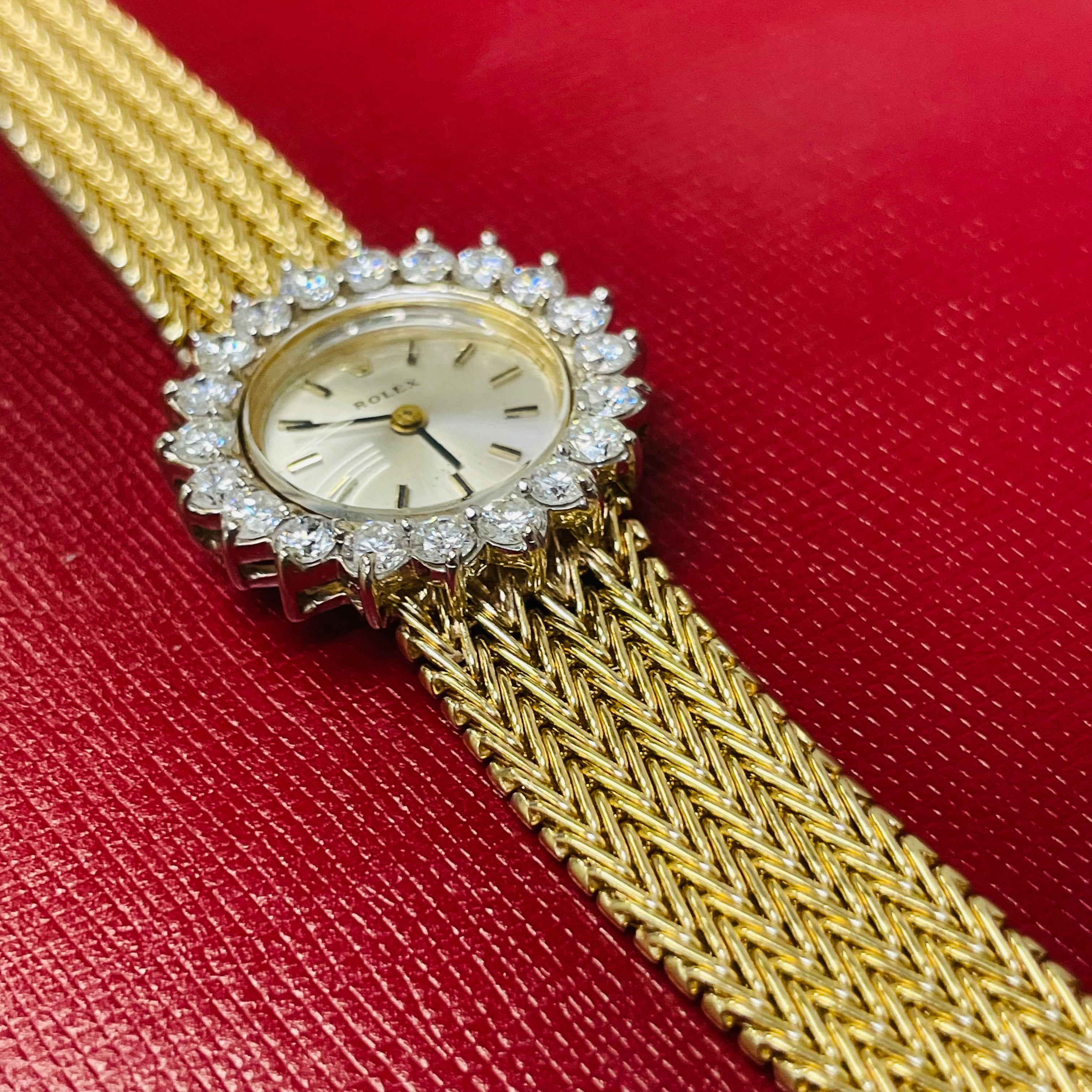 25mm Vintage Ladies Rolex Wristwatch with Factory Diamond Halo Bezel in Solid 14K Yellow Gold