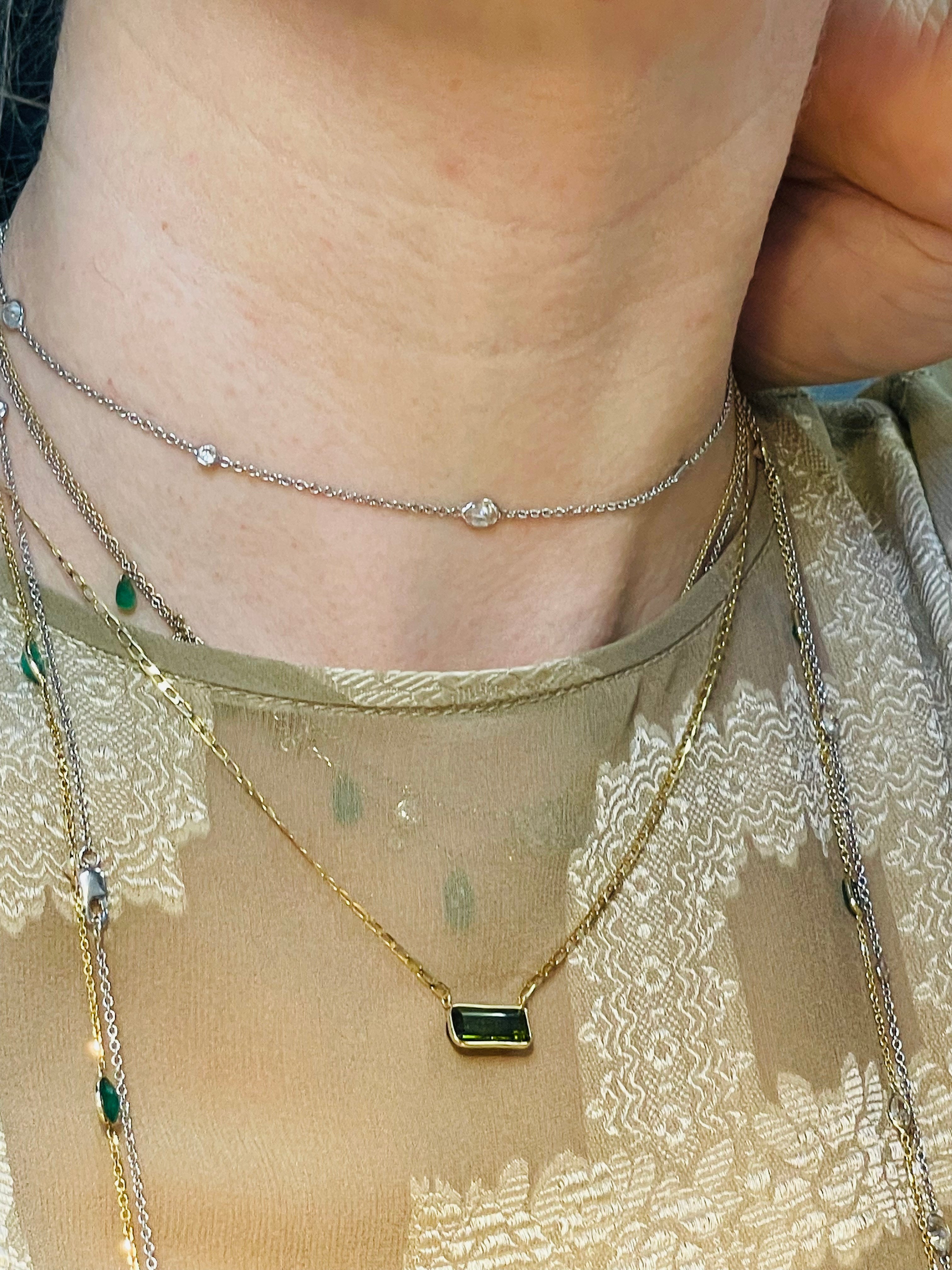 Green Tourmaline and Solid 14K Yellow Gold Curb Link Chain Necklace 16"