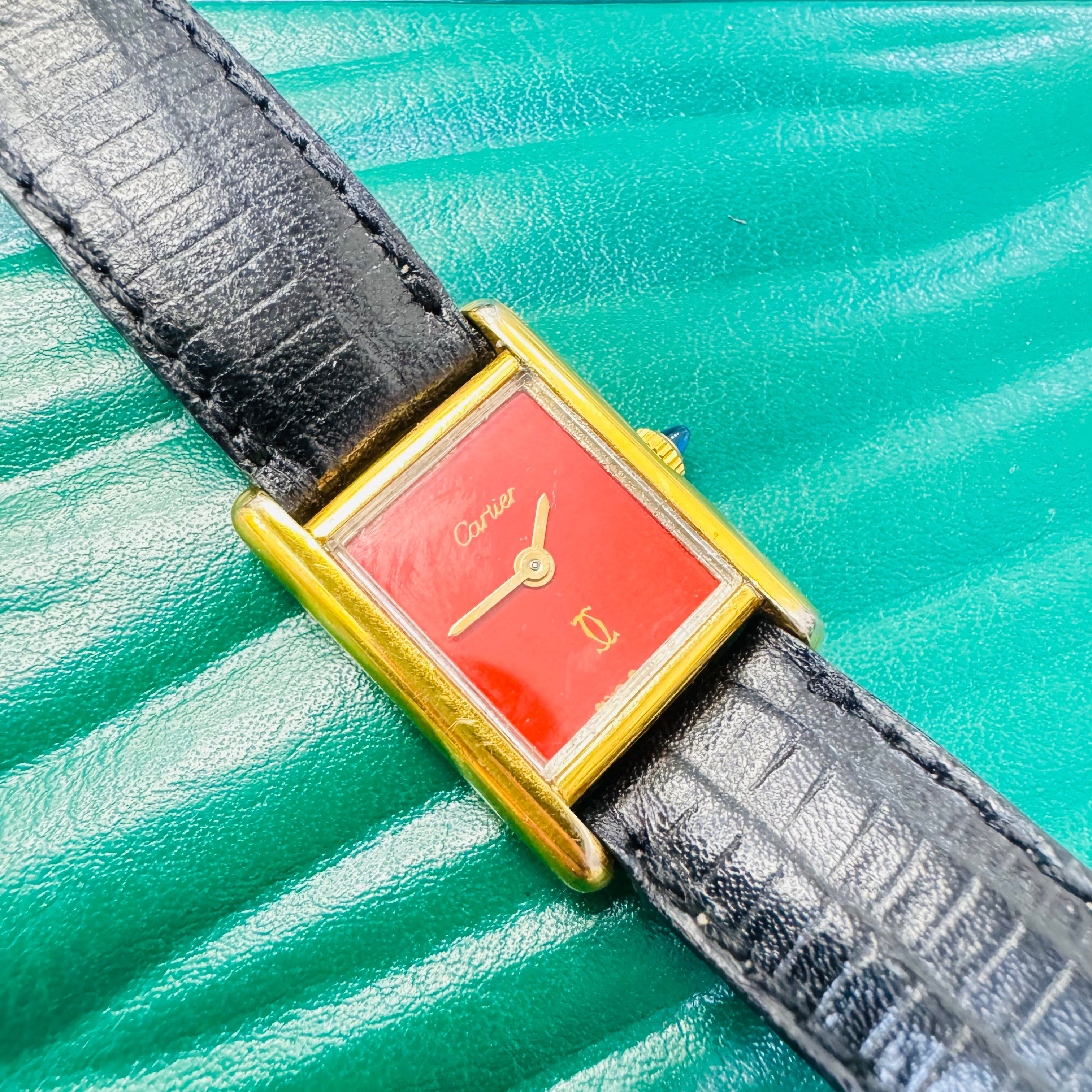 20mm Gold Vermeil Red Face Cartier Tank Wristwatch