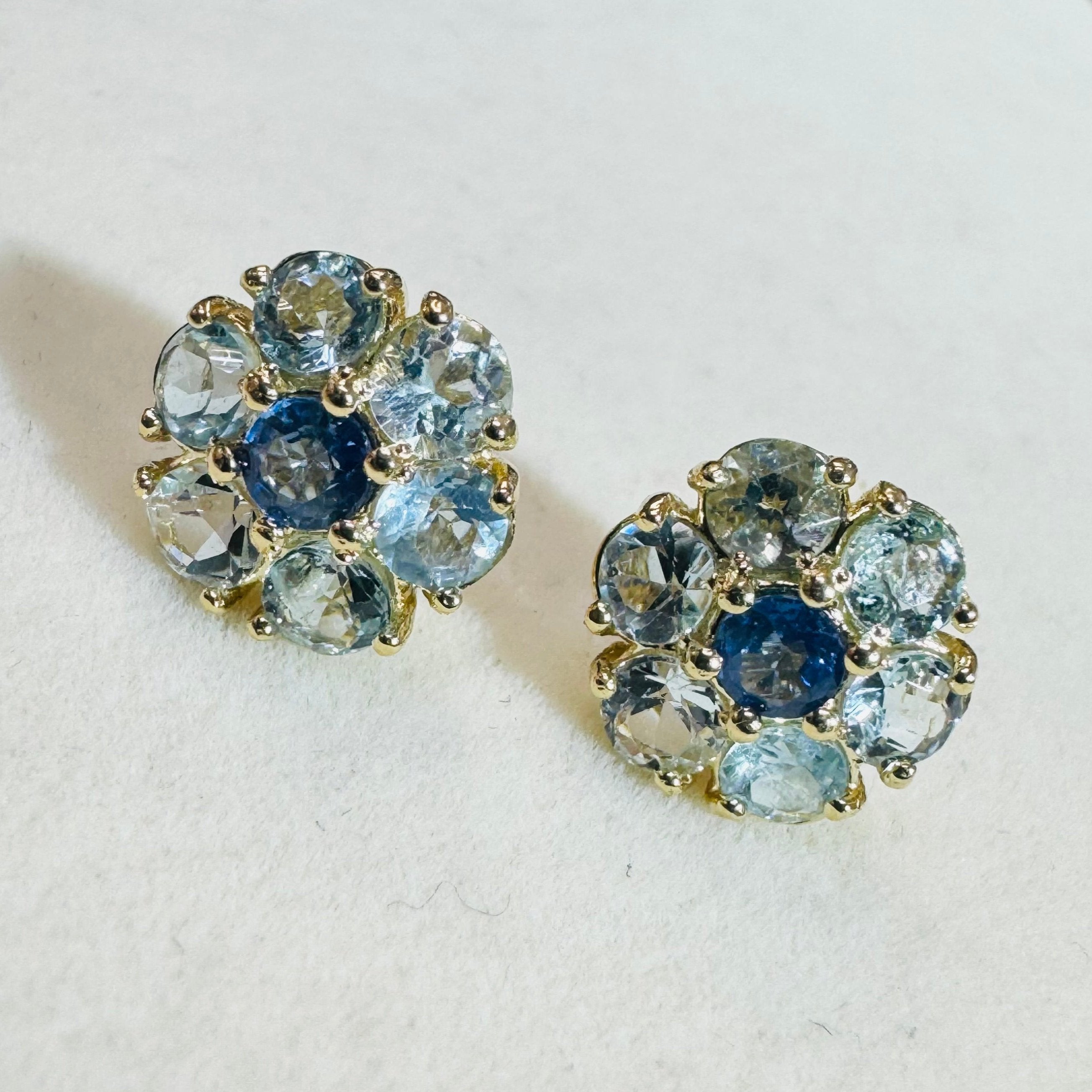 Natural Aquamarine and Sapphire Cluster Flower 14K Yellow Gold Stud Earrings