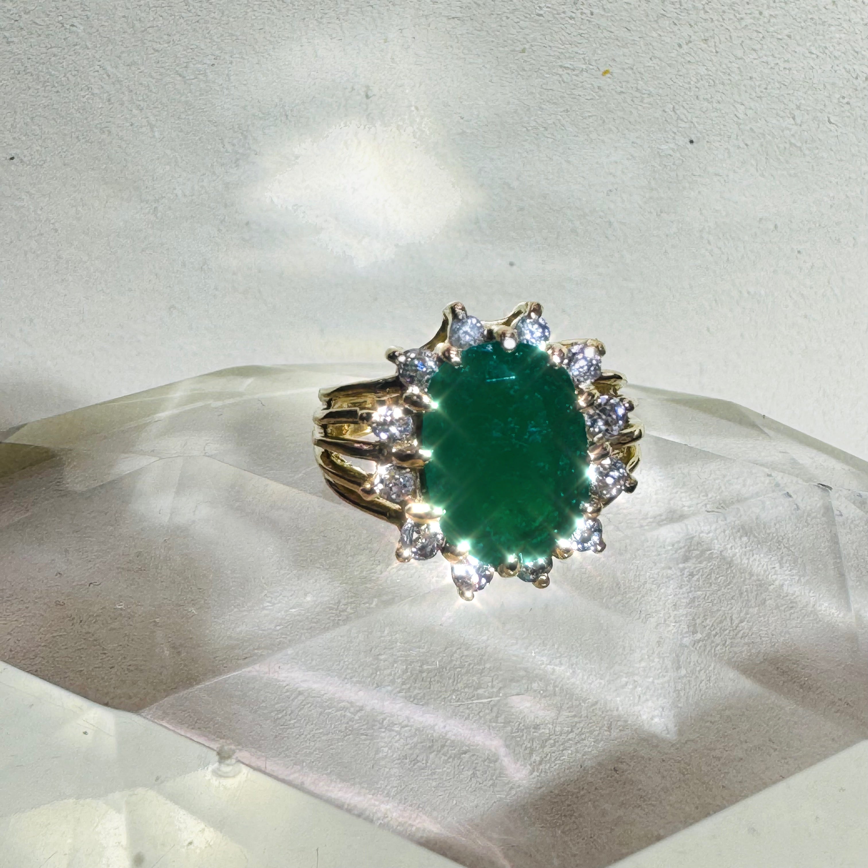 Solid 14K Yellow Gold Emerald and Diamond Ring Size 5.5