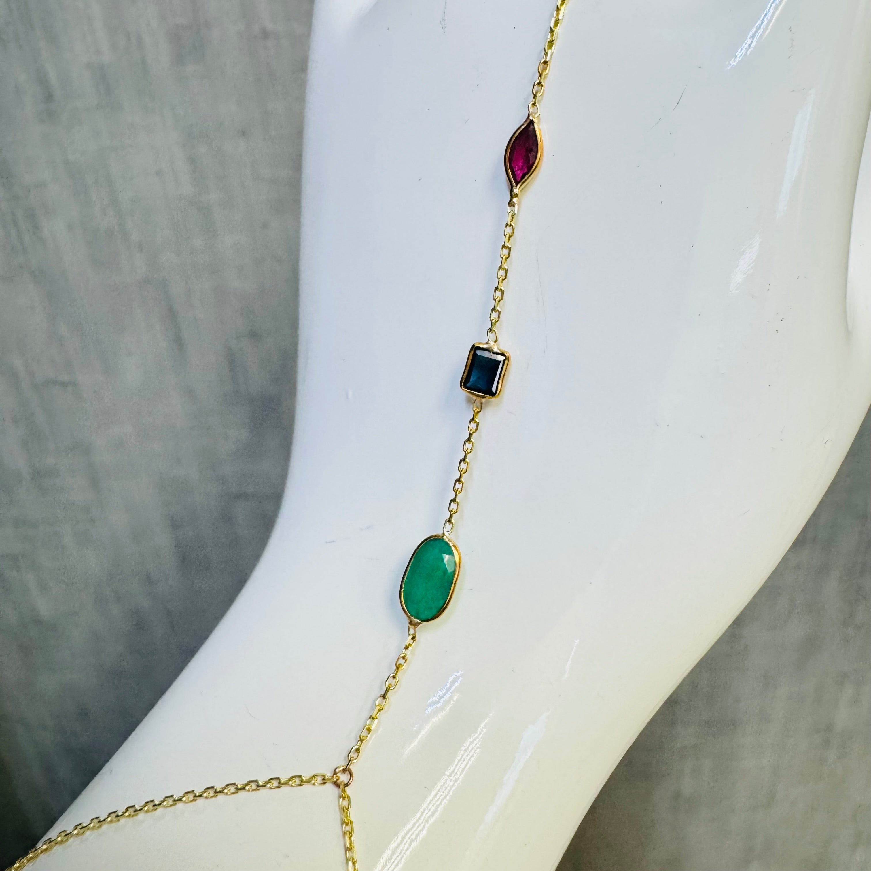 14K Yellow Gold Emerald Ruby Sapphire Handchain