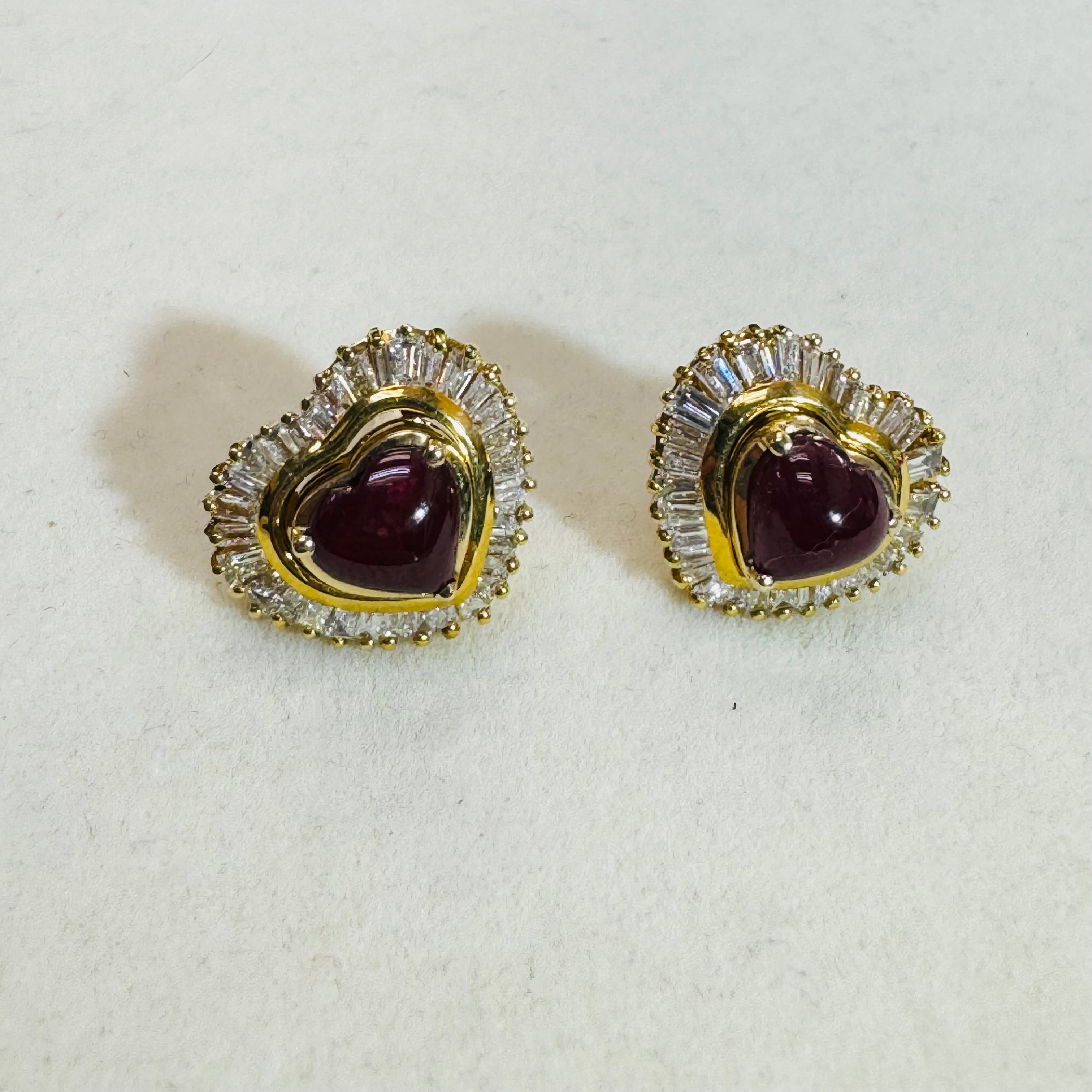 Natural Baguette Diamond and Ruby Cabochon 18K Yellow Gold Stud Earrings Convertible with Jackets