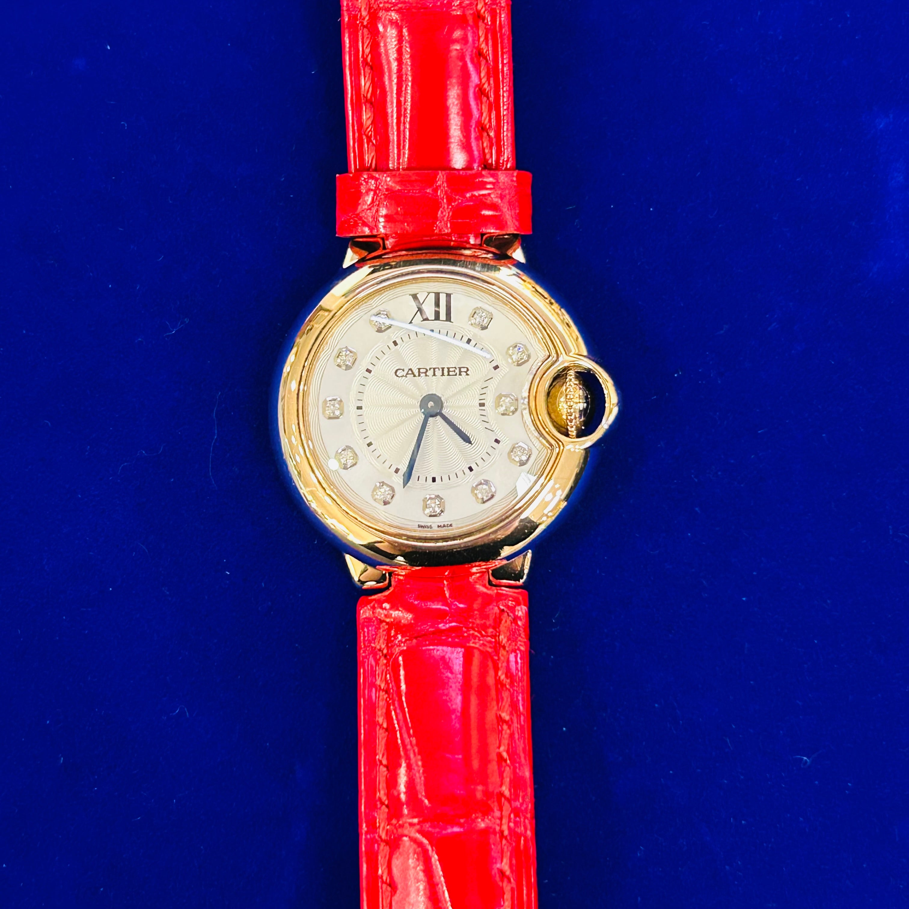 Cartier Ballon Bleu 28MM 18K Rose Gold Leather Strap Quartz 6.5"