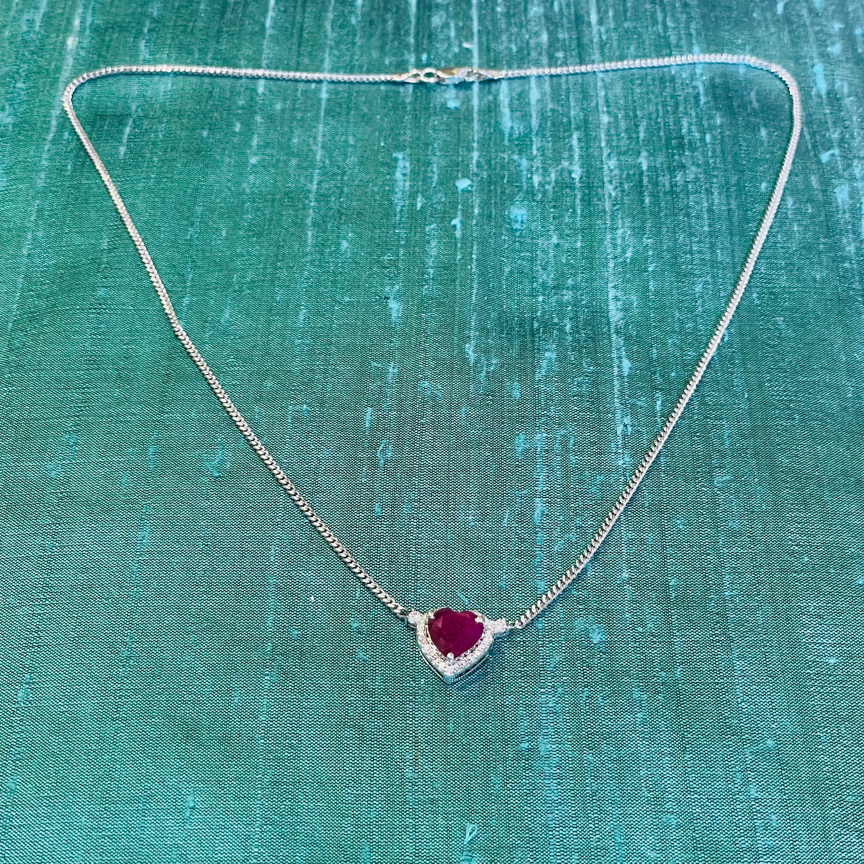 2CT Natural Ruby and Diamond Halo Heart 14K White Gold Solitaire Necklace