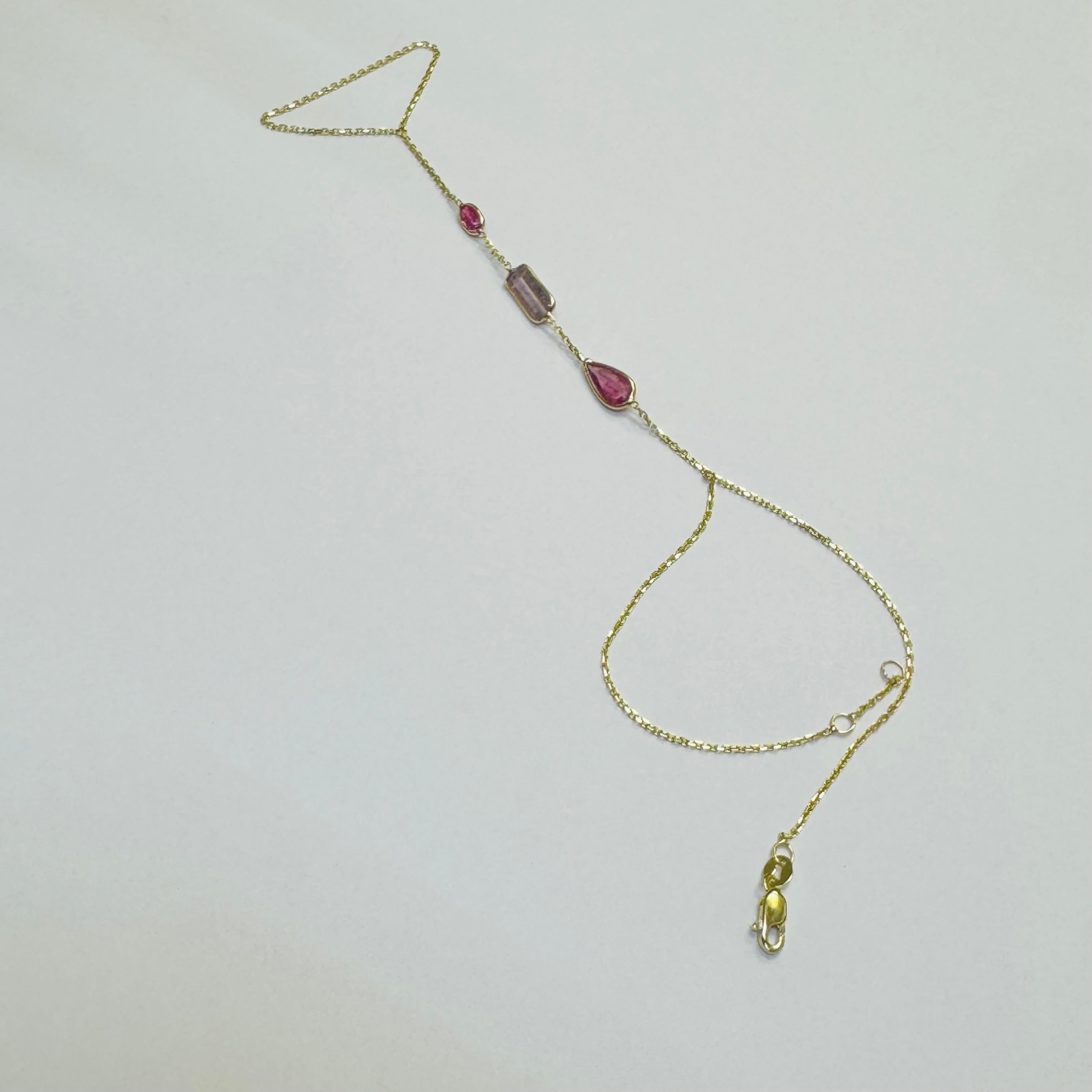 14K Yellow Gold Multi Pink and Purple Tourmaline Handchain