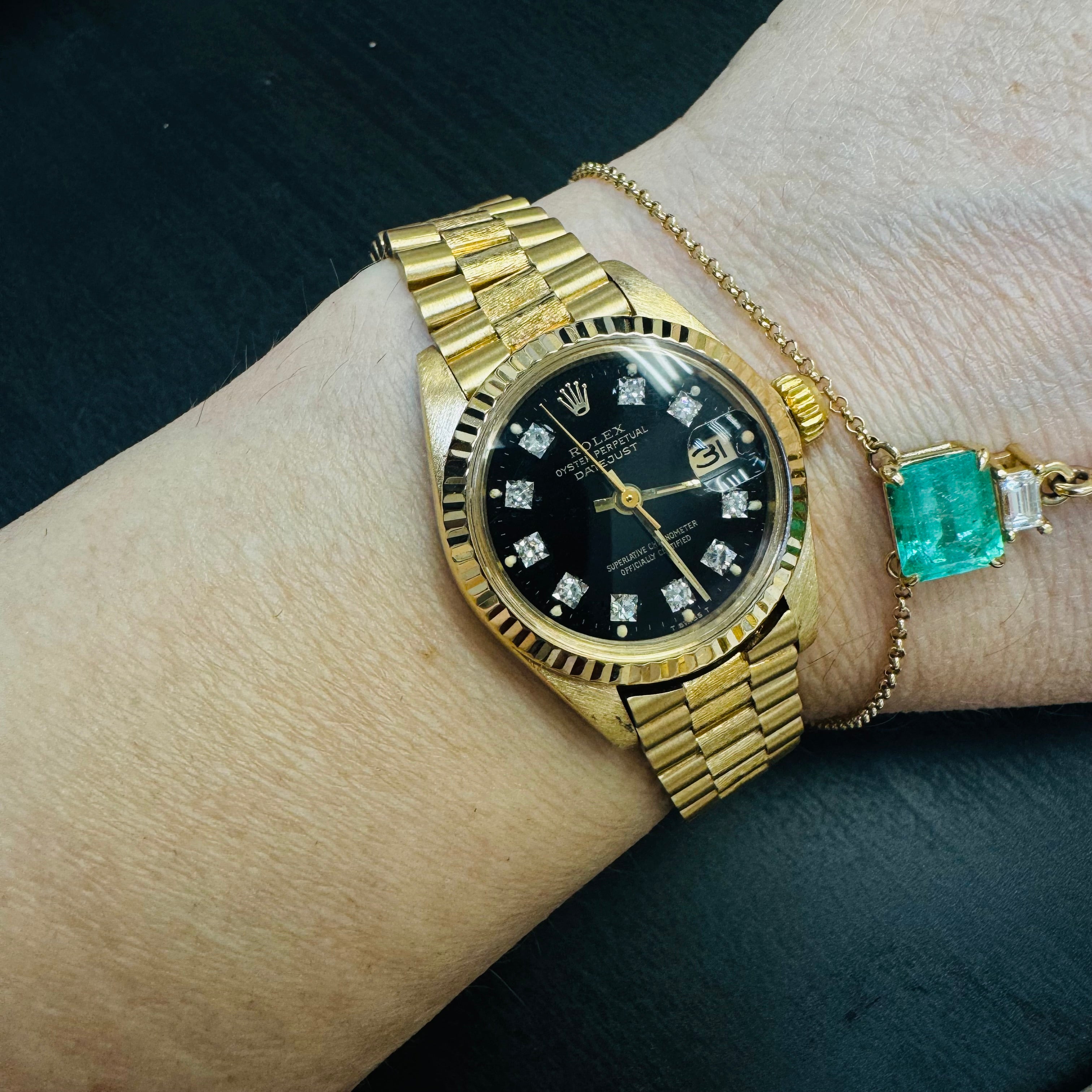 26mm 18K Yellow Gold Vintage Ladies Rolex President Wristwatch with Diamond Dial