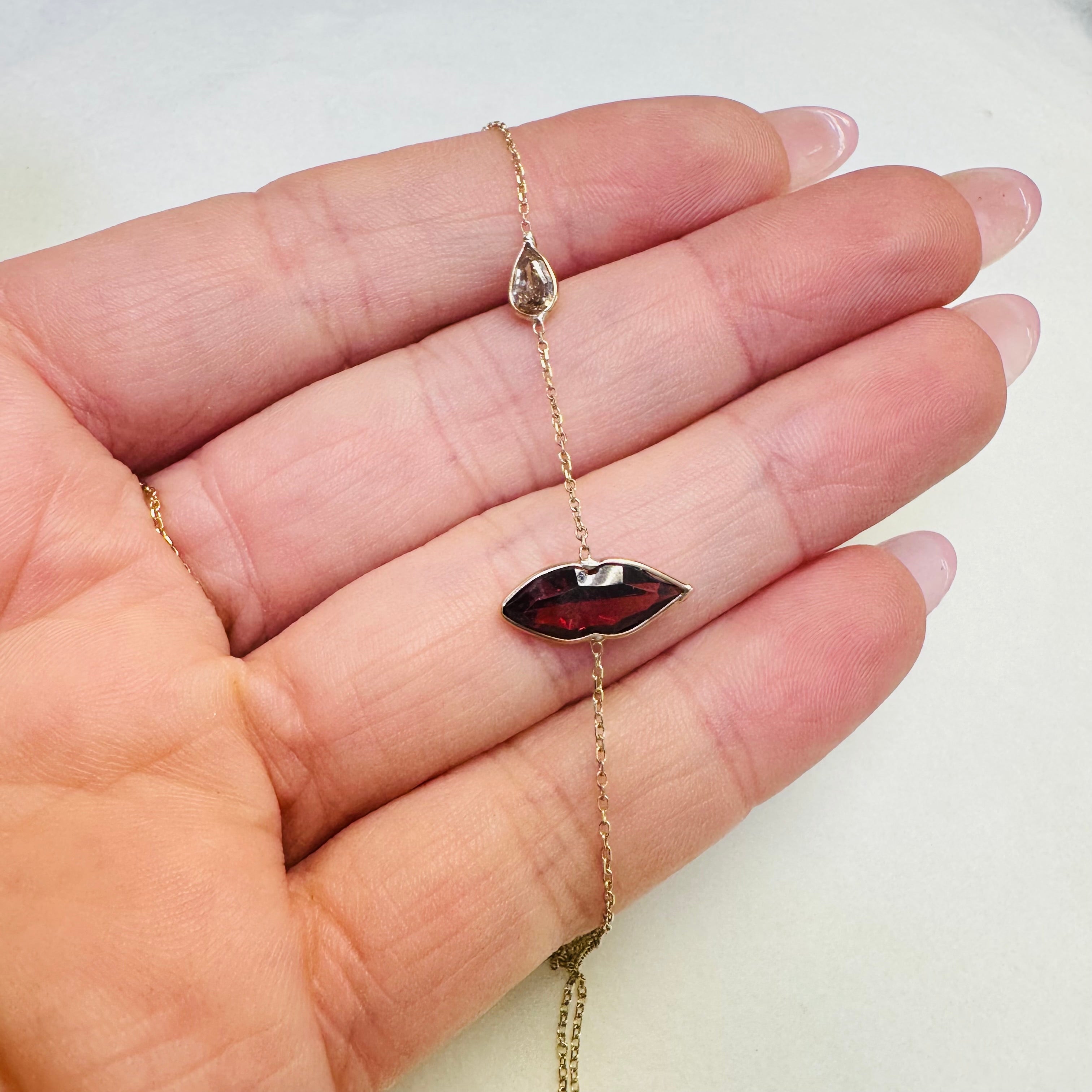 14K Yellow Gold Lip Garnet and Diamond Handchain