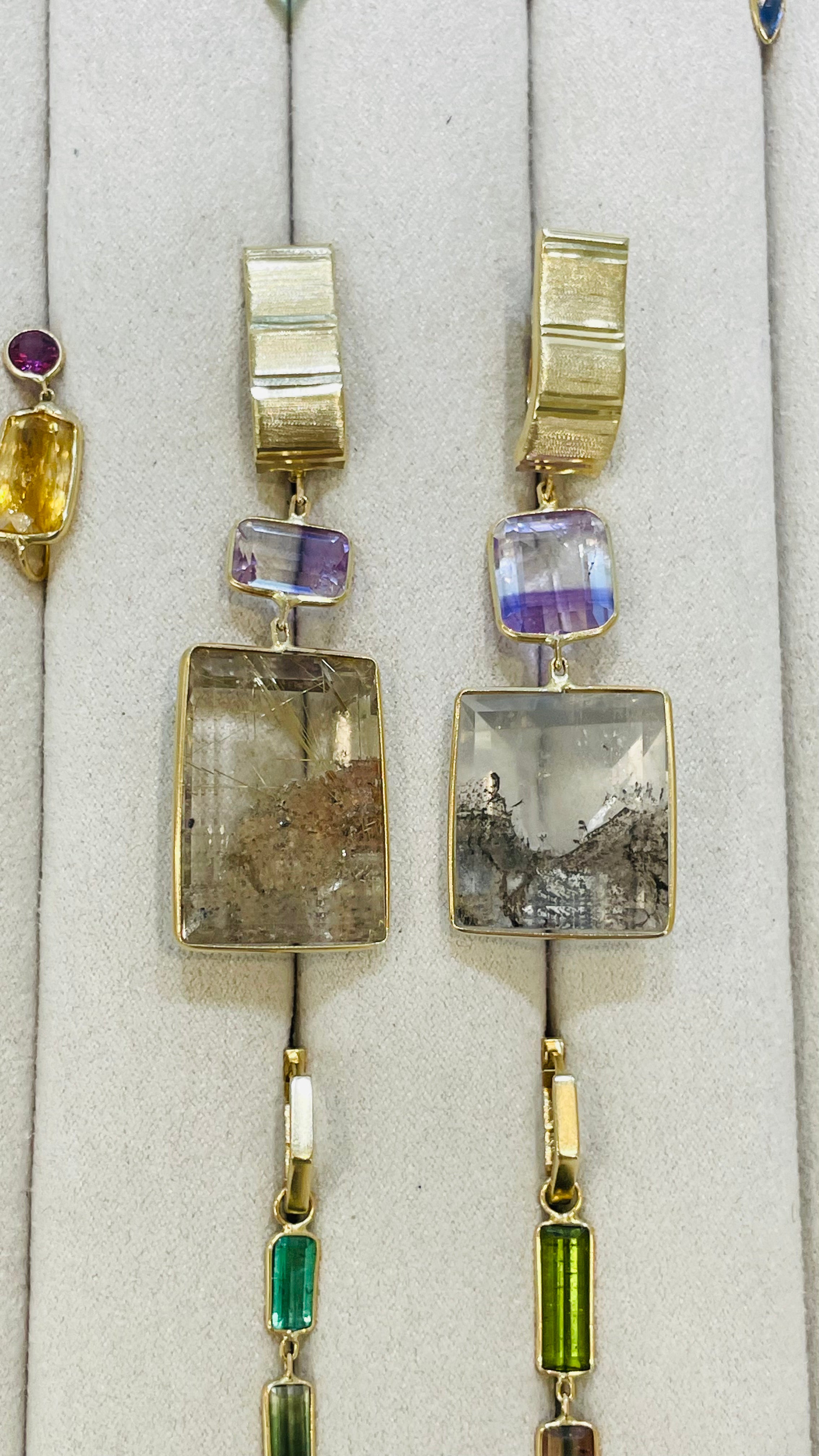 Picture Agate and Striated Amethyst 14K Yellow Gold Drop Earrings