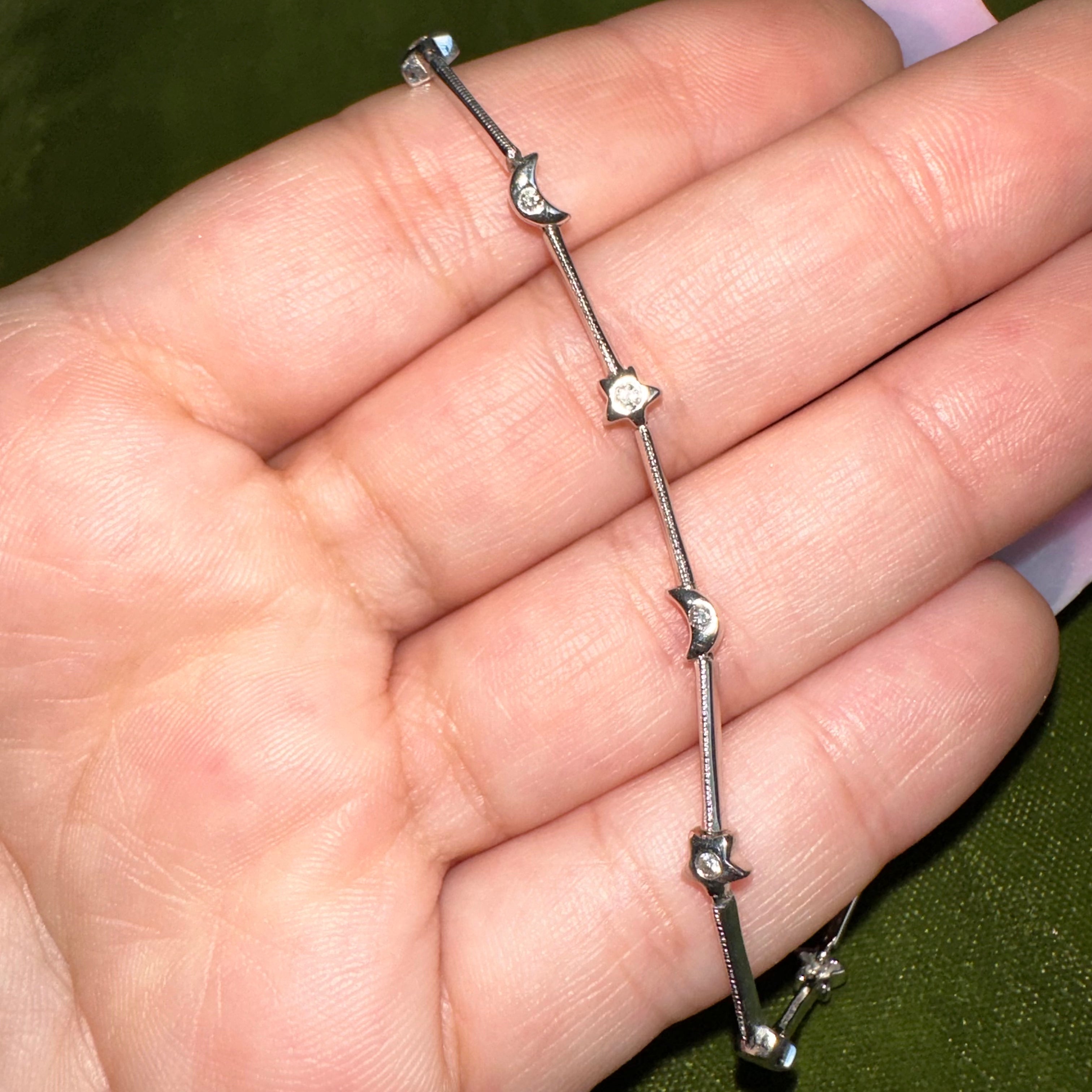 6.5” 18K Thin Elegant Star And Moon White Gold Bracelet