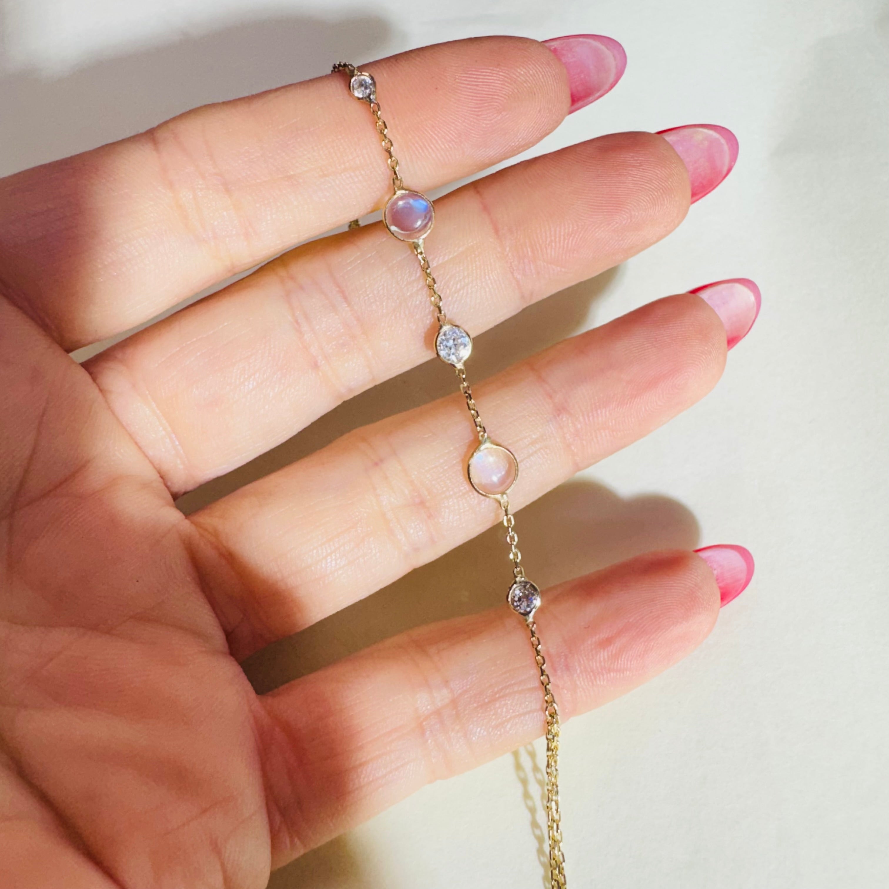 14K Yellow Gold Moonstone and Old Mine Diamond Handchain