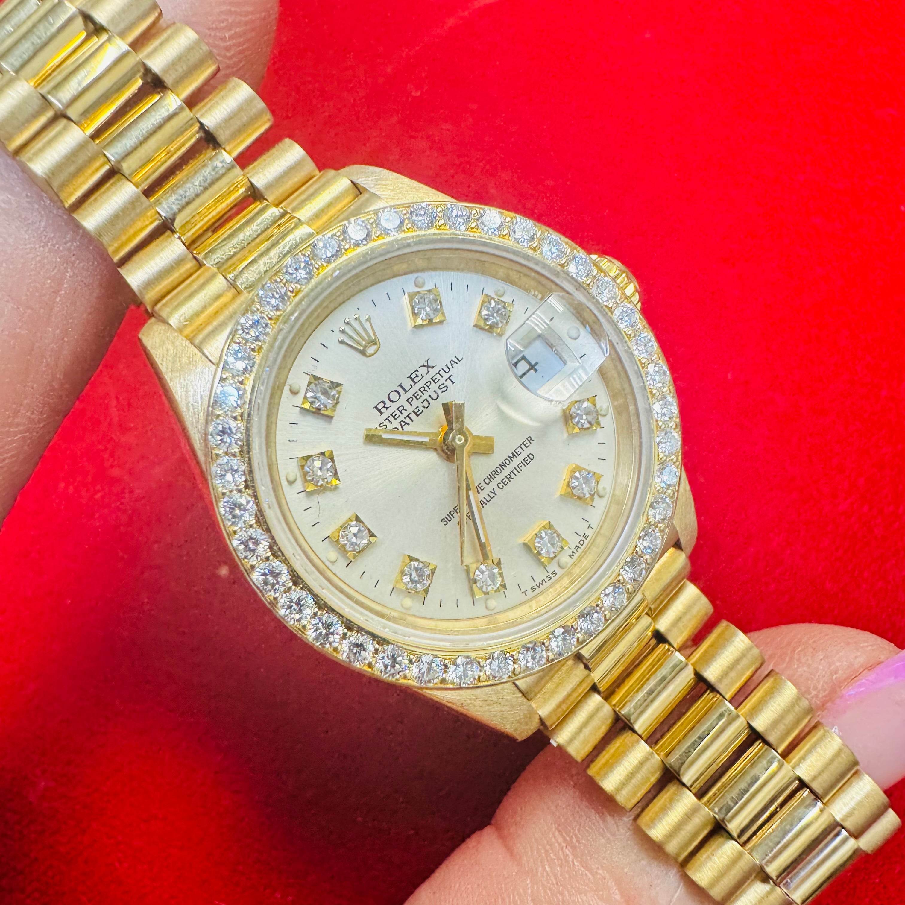 26mm Solid 18K Yellow Gold Rolex DateJust Wrist Watch with Diamond Bezel 1991