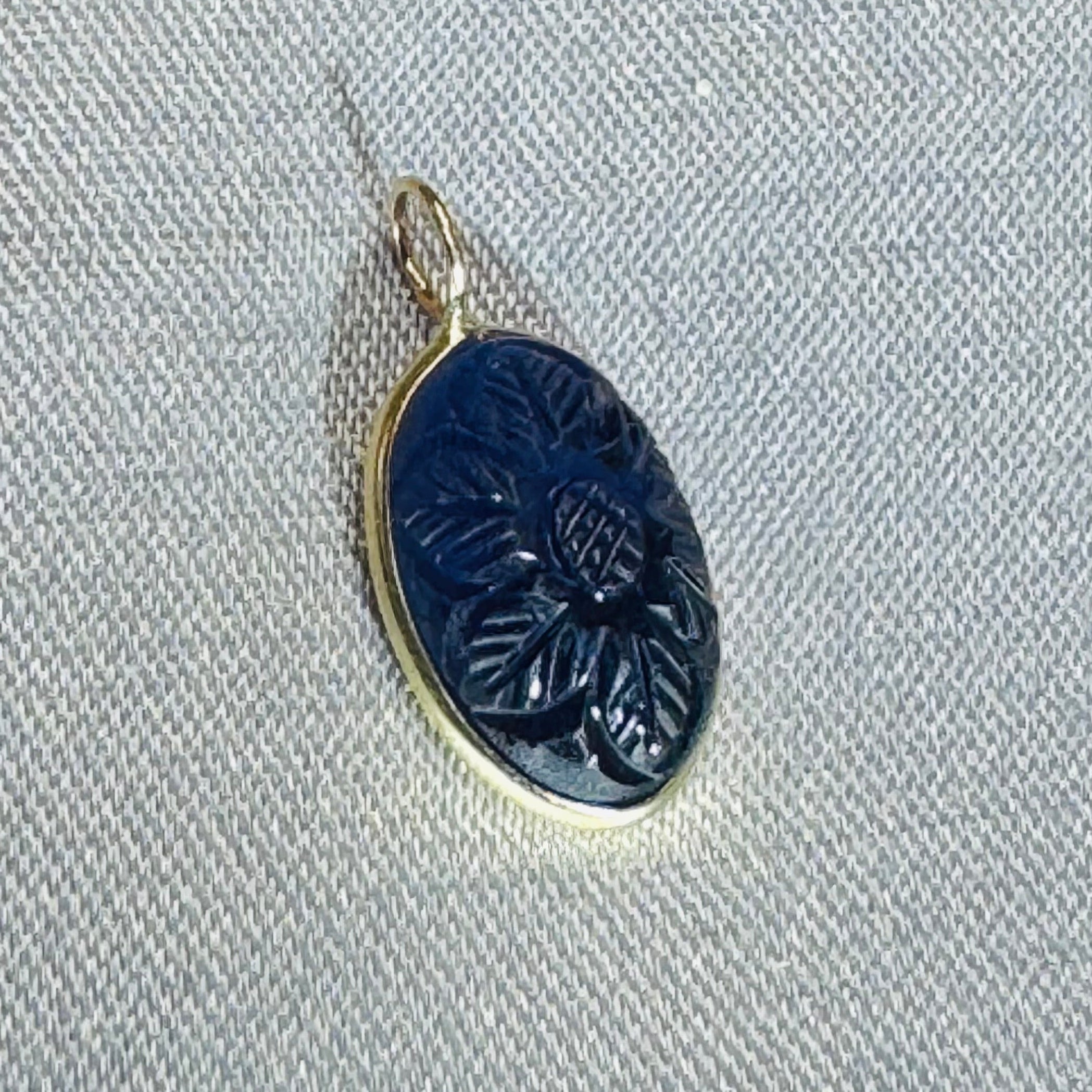 Carved Blue Iolite Pendant 14K Yellow Gold
