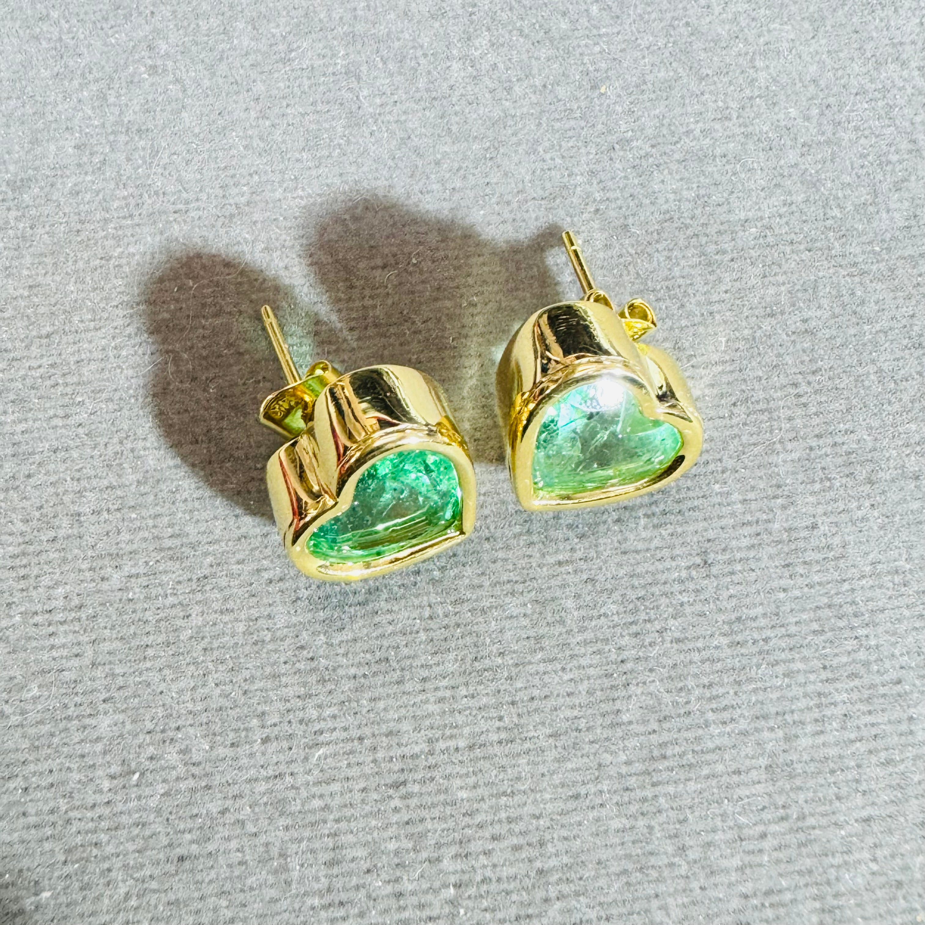 Natural 9CTW Colombian Emerald Heart Earrings 14K Yellow Gold