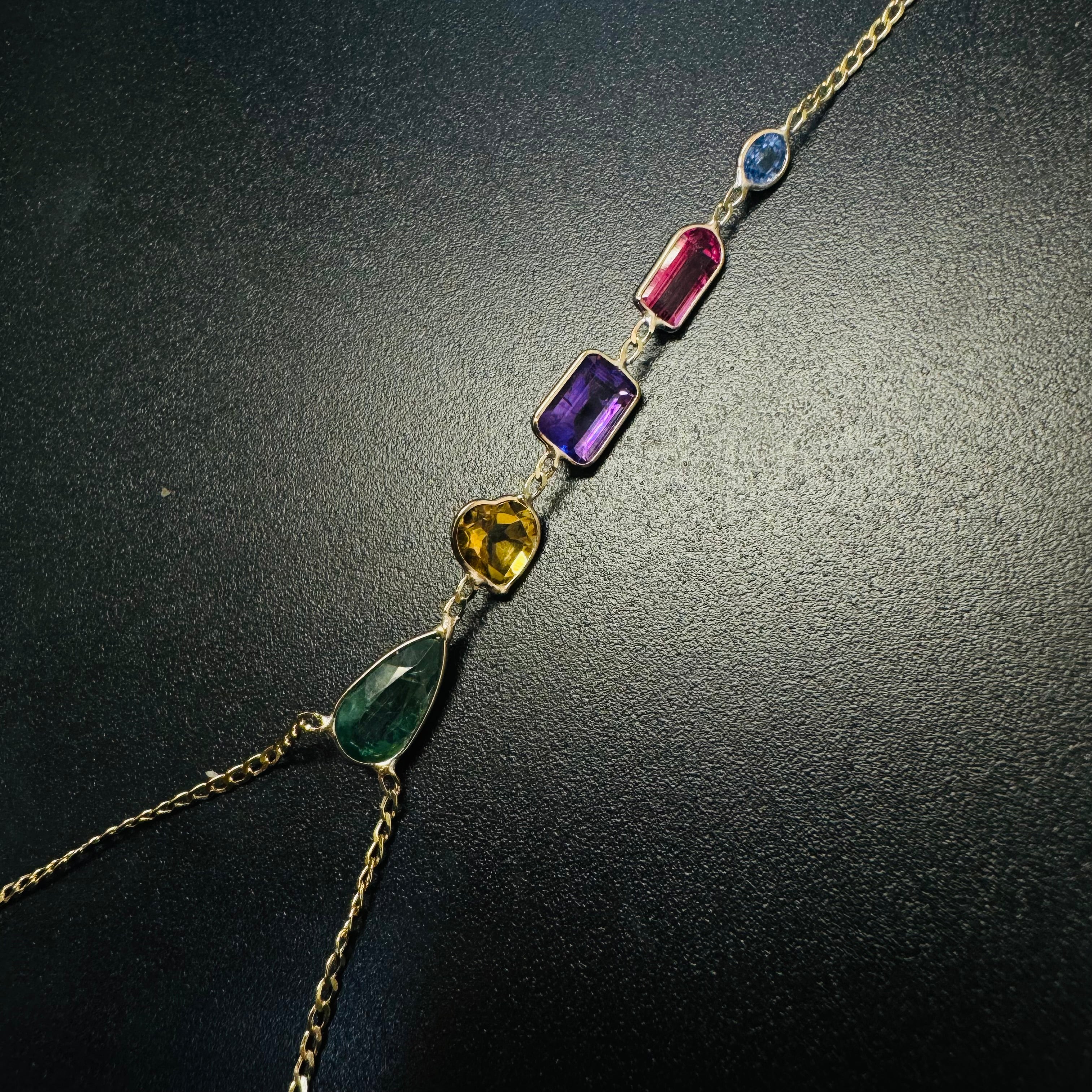 Multi Gem 14K Yellow Gold Curb Link Handchain