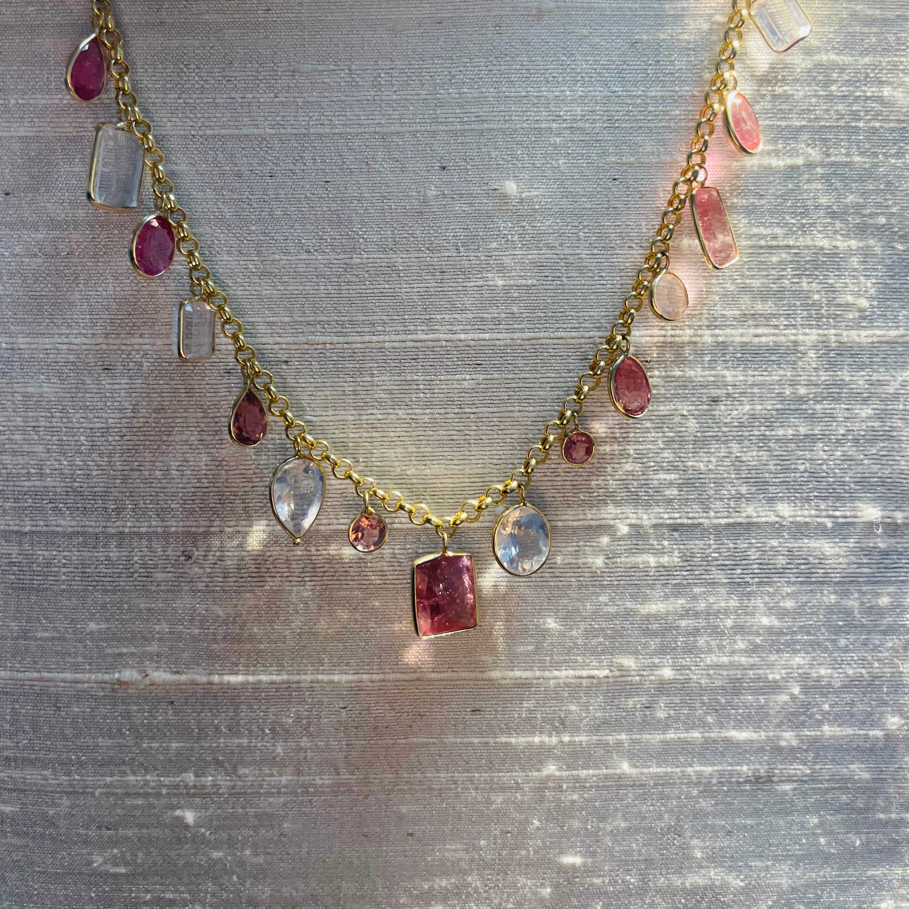Natural Pink Tourmaline and Kunzite Multi Shape Dangling Necklace 14K Yellow Gold