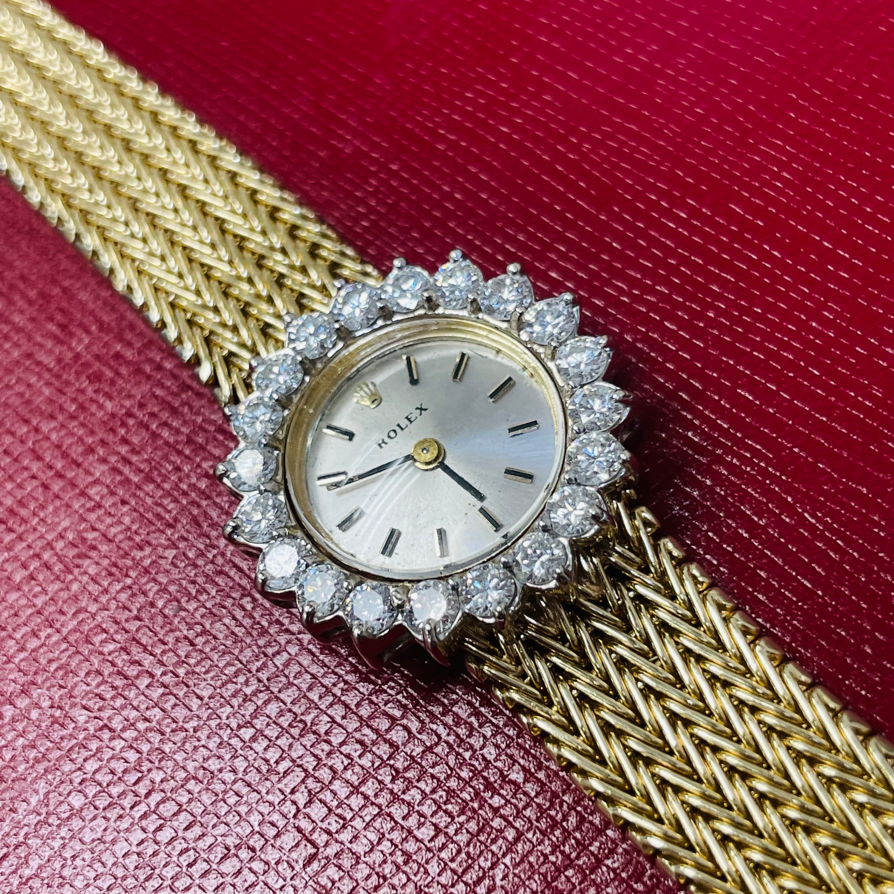 25mm Vintage Ladies Rolex Wristwatch with Factory Diamond Halo Bezel in Solid 14K Yellow Gold