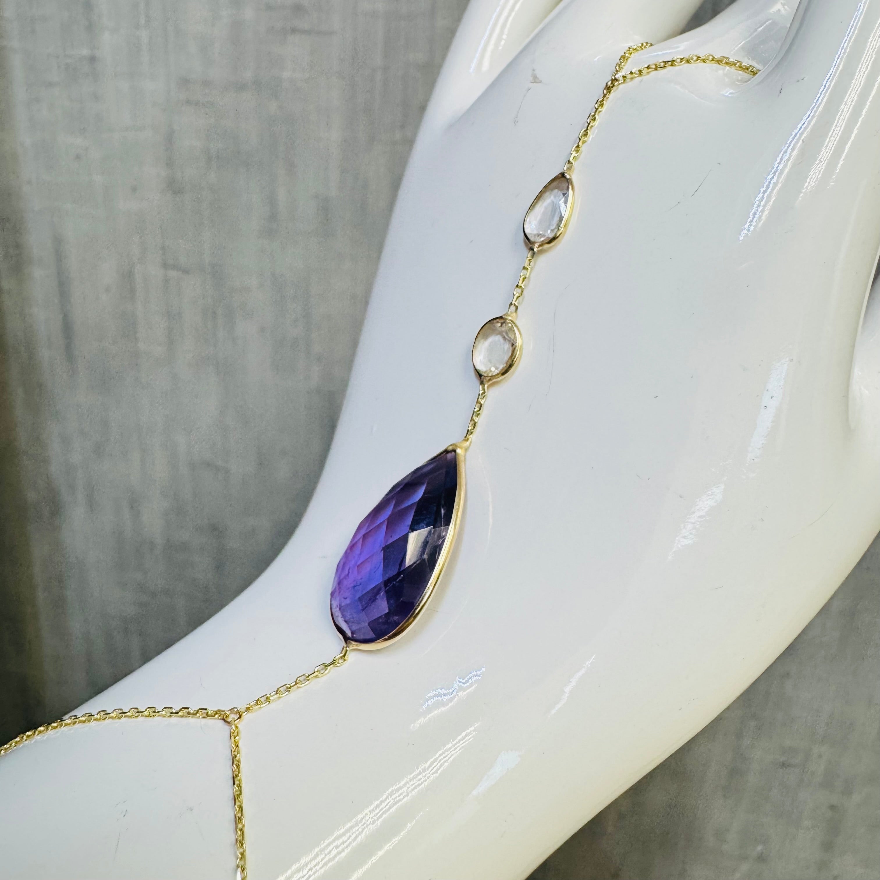 14K Yellow Gold Rose Cut White Sapphire and Amethyst Handchain
