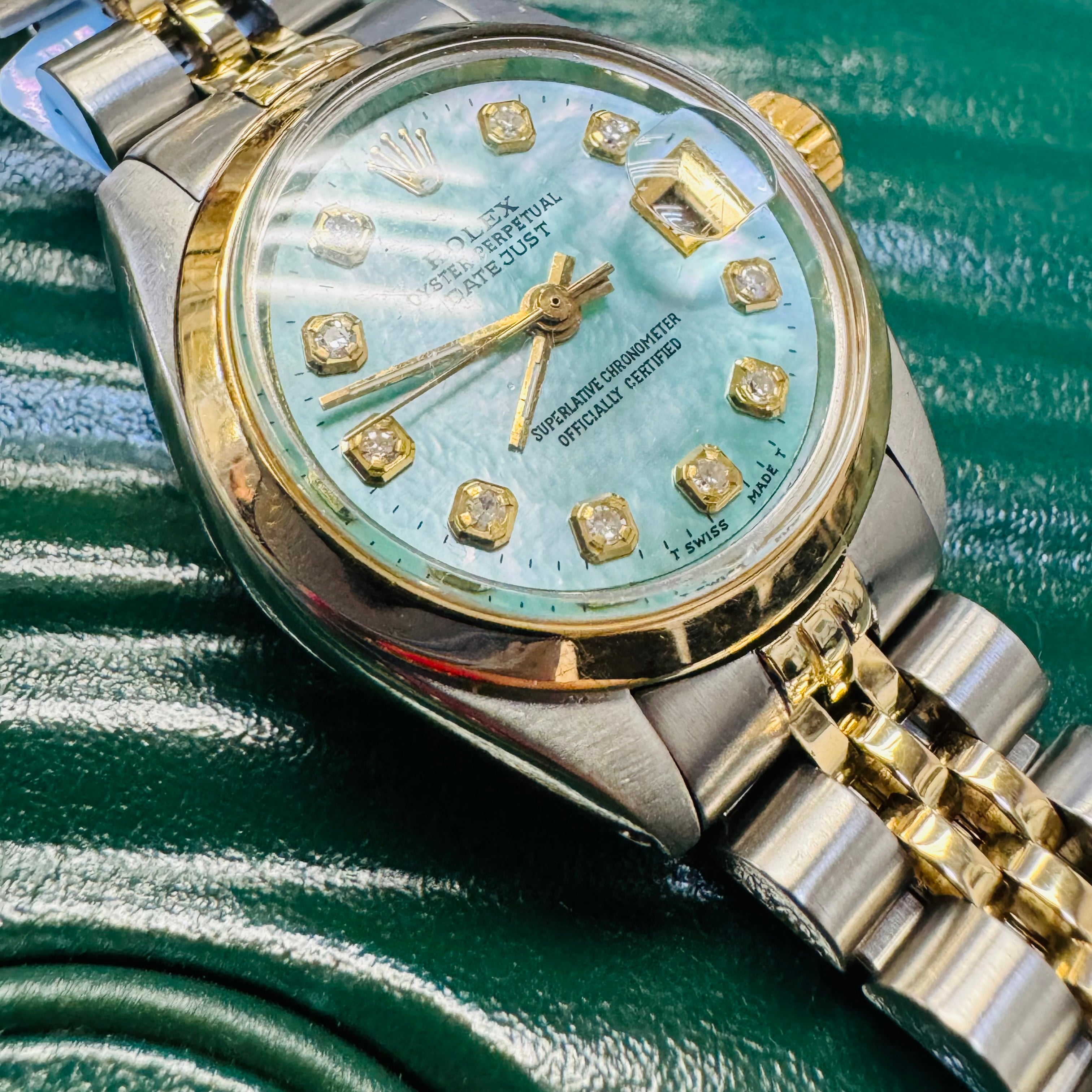 26mm Two Tone Rolex Watch with Teal Mother of Pearl Dial