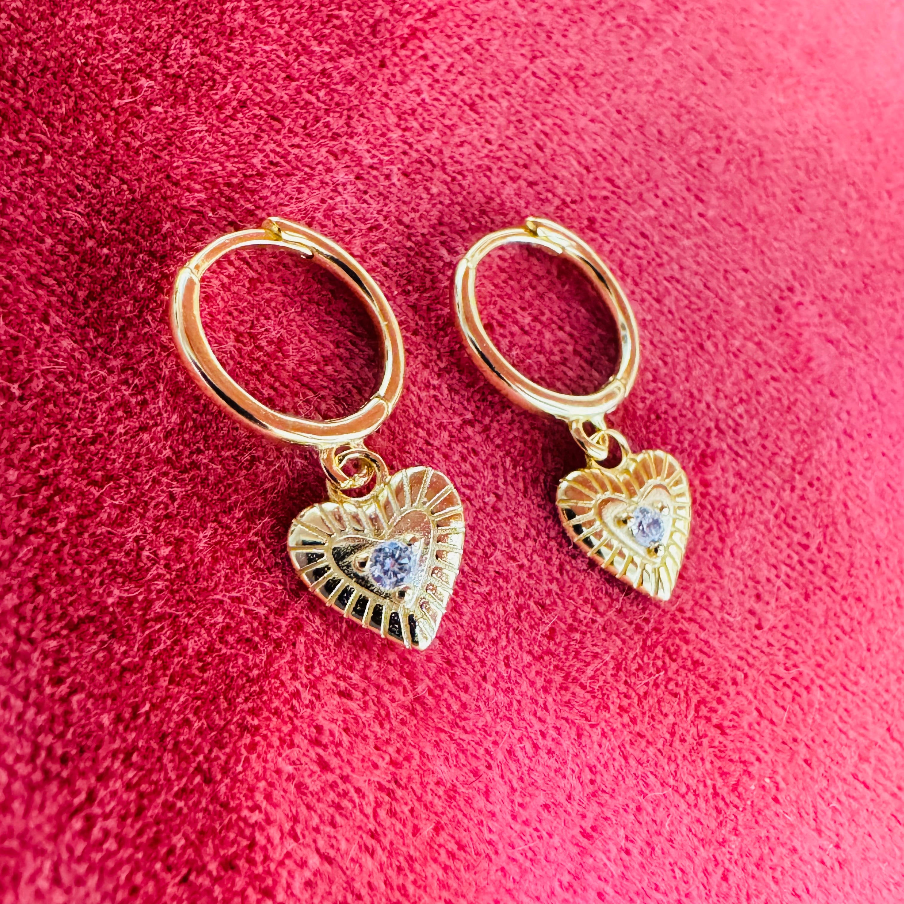 Yellow Gold over Sterling Silver Dangling Heart Huggie Hoop Earrings