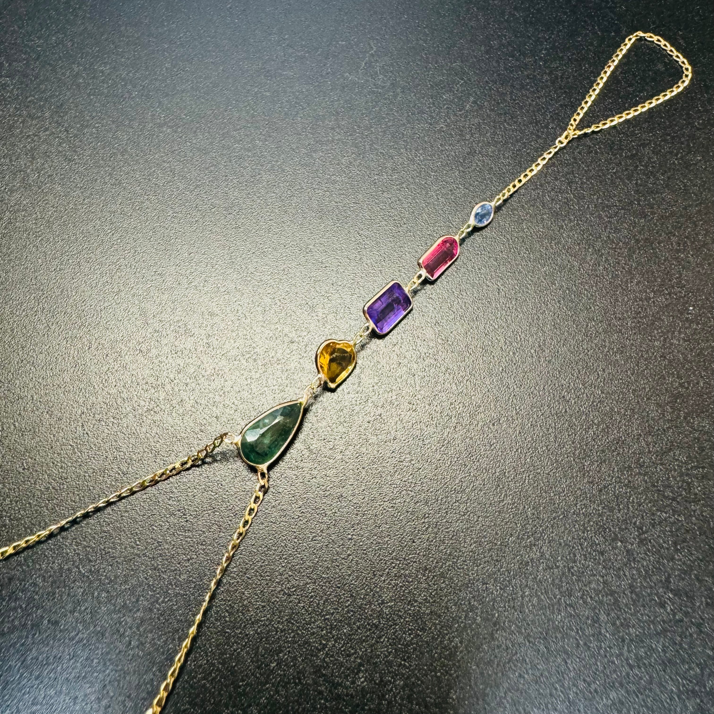 Multi Gem 14K Yellow Gold Curb Link Handchain