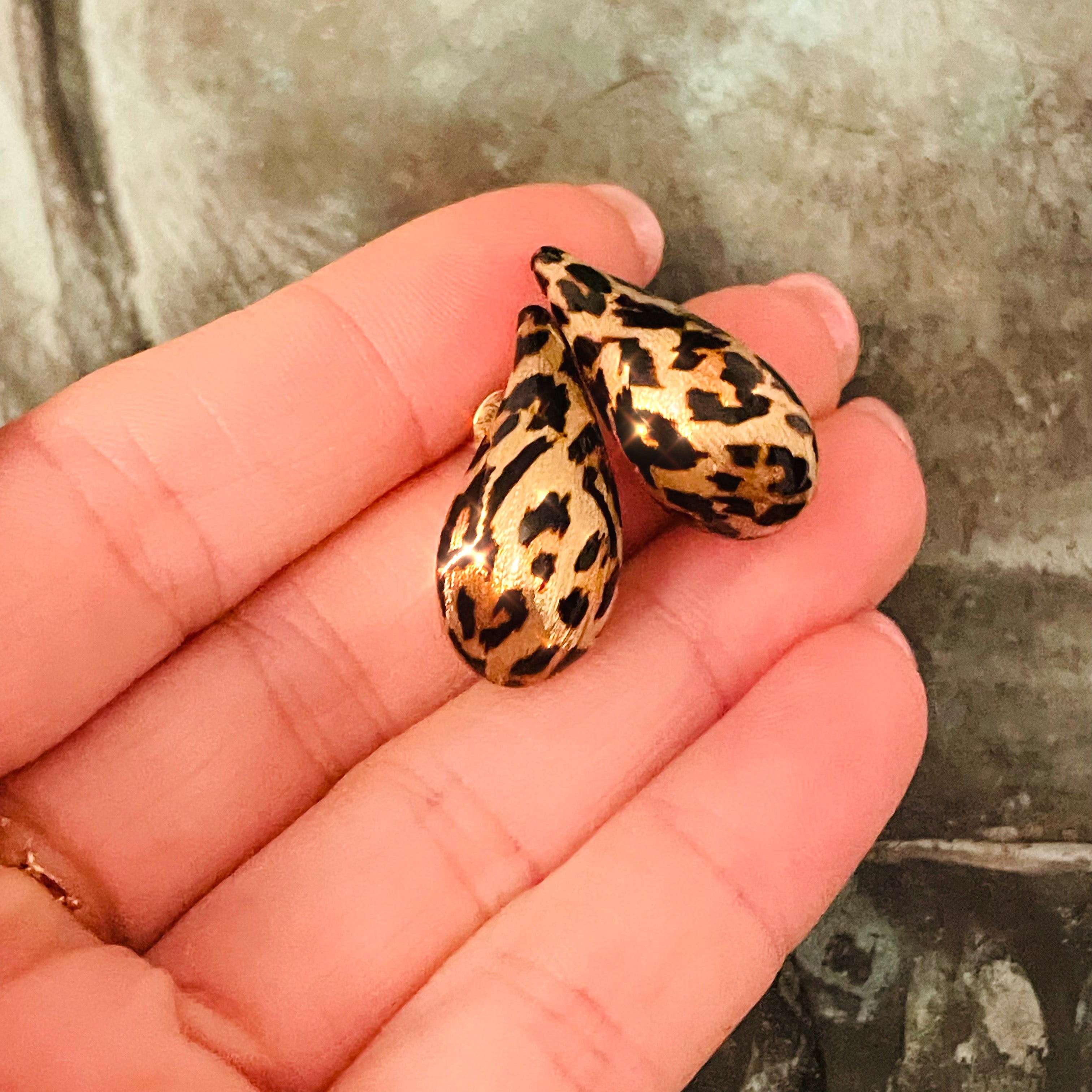 1” Leopard Print Enamel 14K Yellow Gold Teardrop Earrings