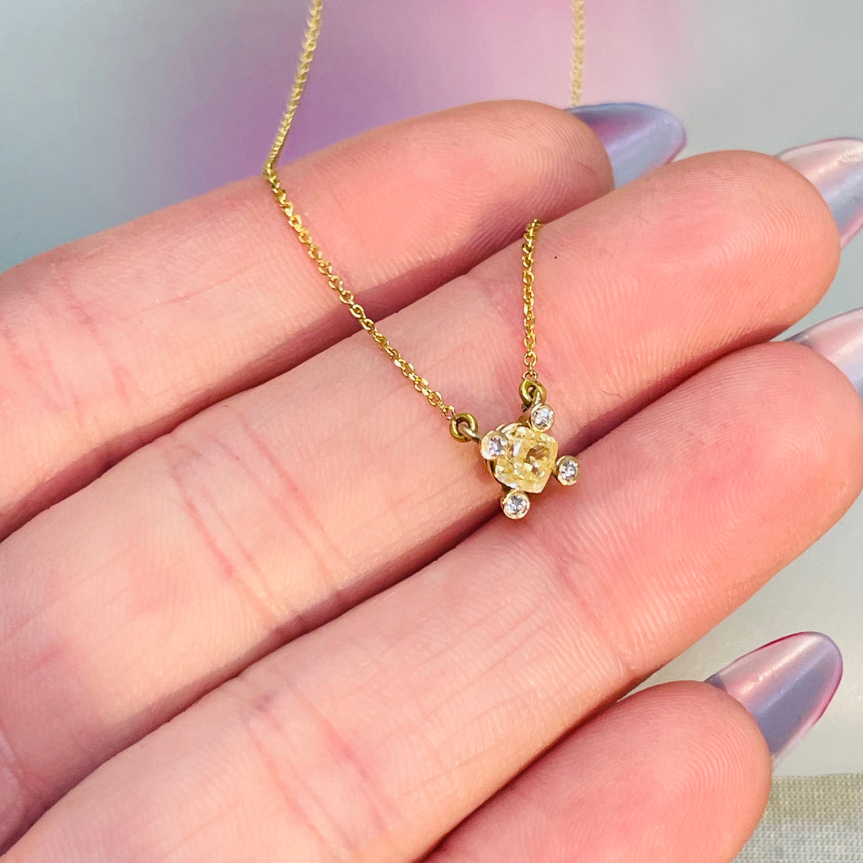 .40CT Canary Diamond Cushion Solitaire 16” 14K Yellow Gold Solitaire Necklace with Diamond Tipped Prongs