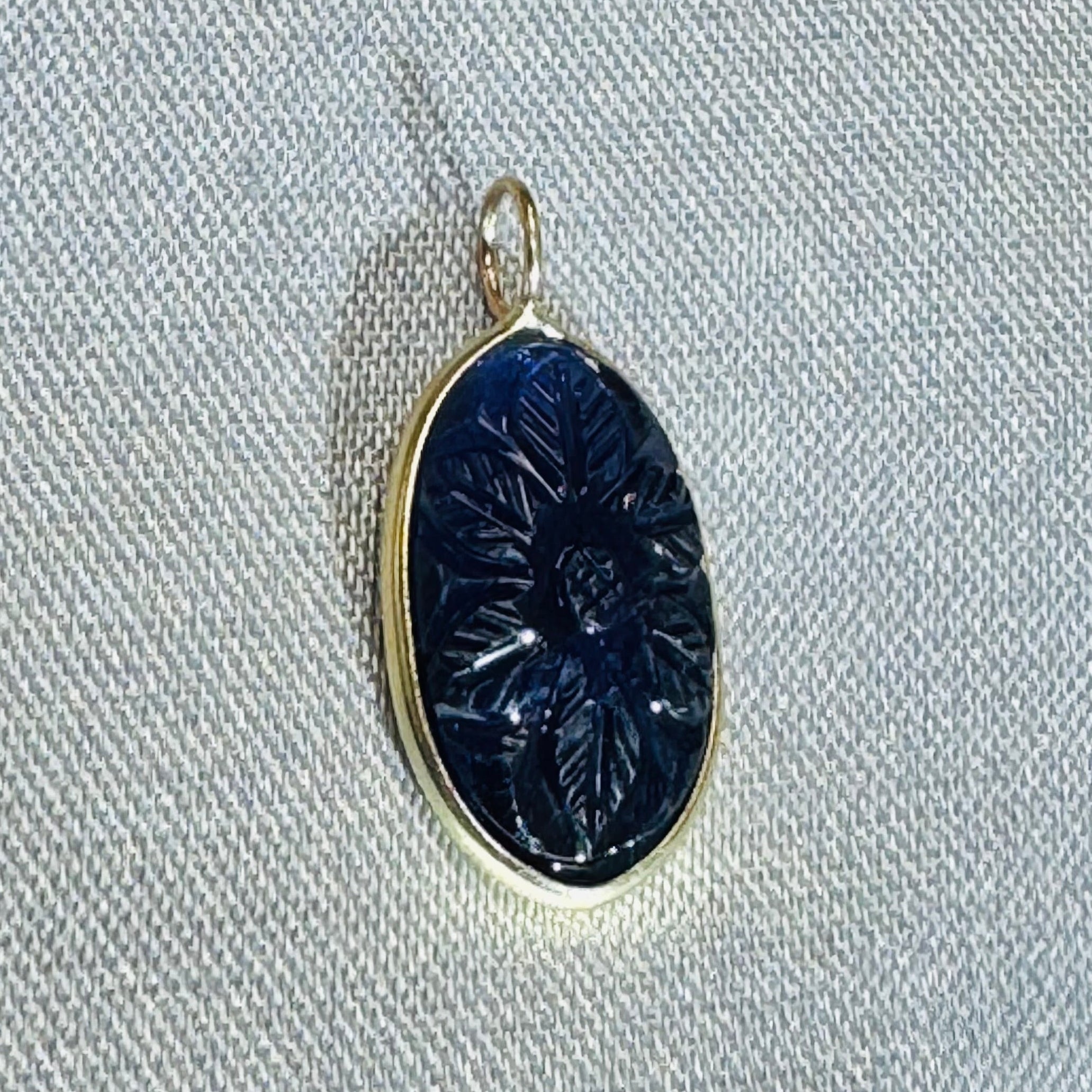 Carved Blue Iolite Pendant 14K Yellow Gold