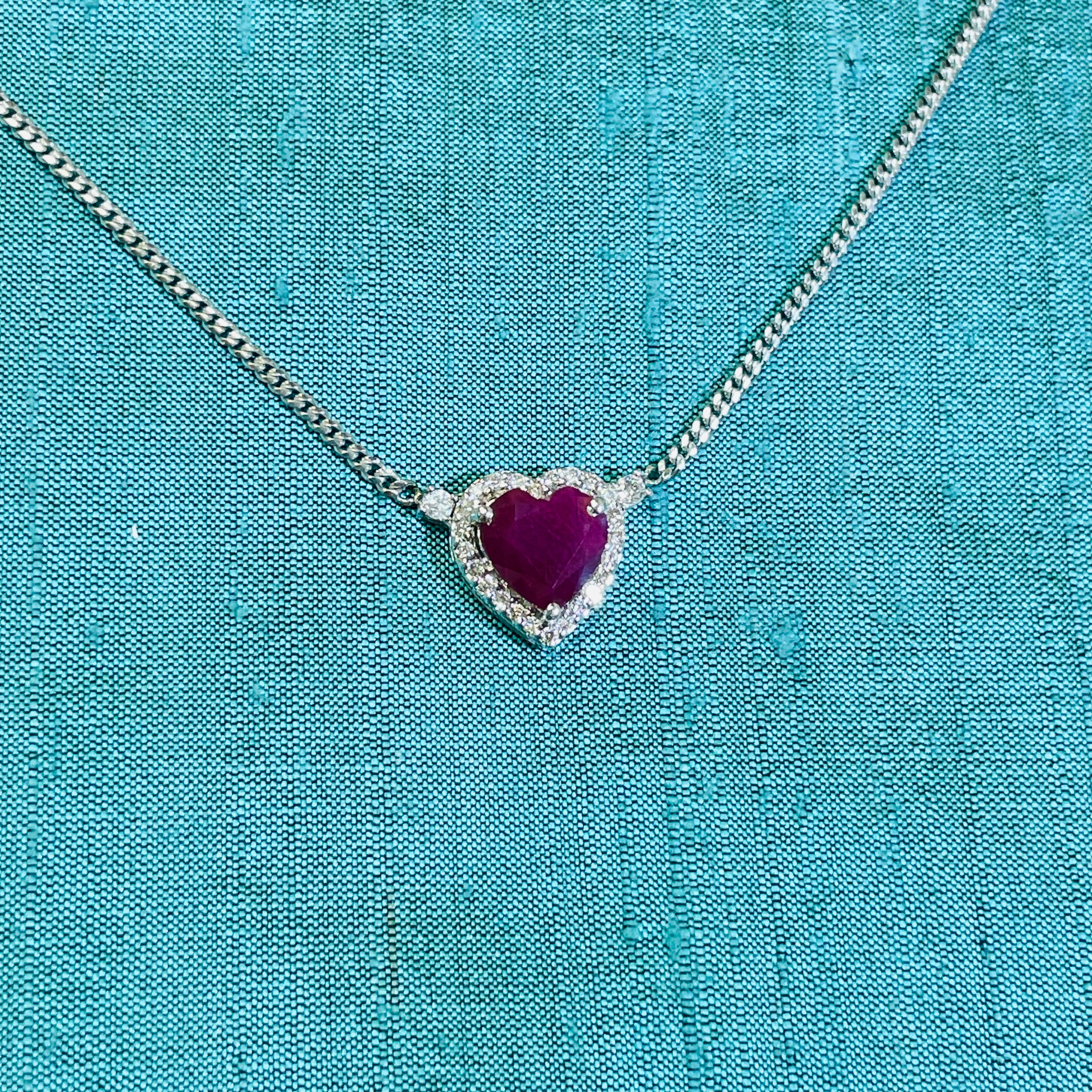 2CT Natural Ruby and Diamond Halo Heart 14K White Gold Solitaire Necklace