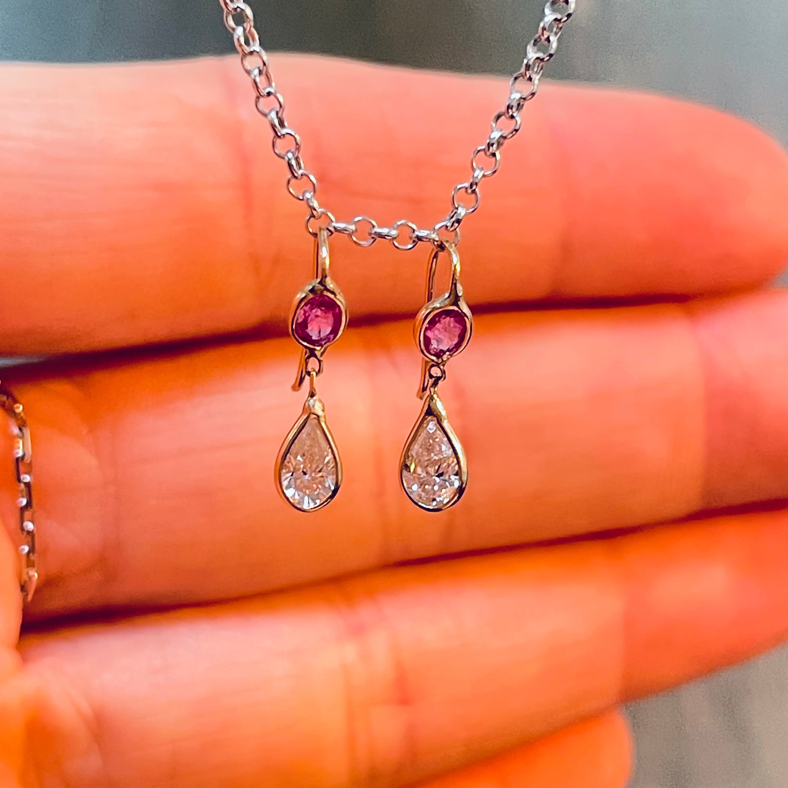 Diamond Bezeled Pear and Pink Sapphire 14K Yellow  Gold Dangling Earrings
