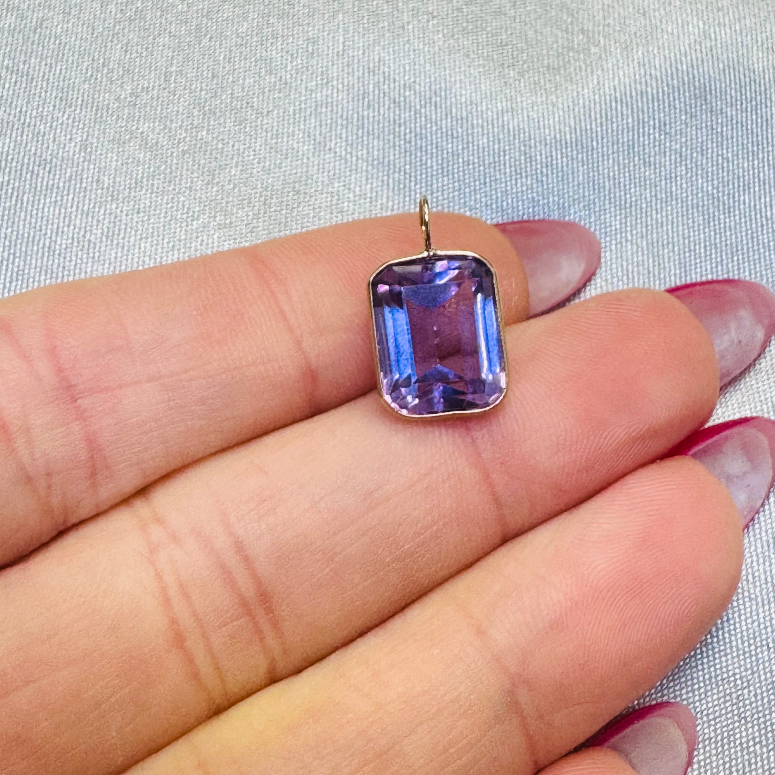 Emerald Cut Amethyst Gem Charm Pendant 14K Yellow Gold
