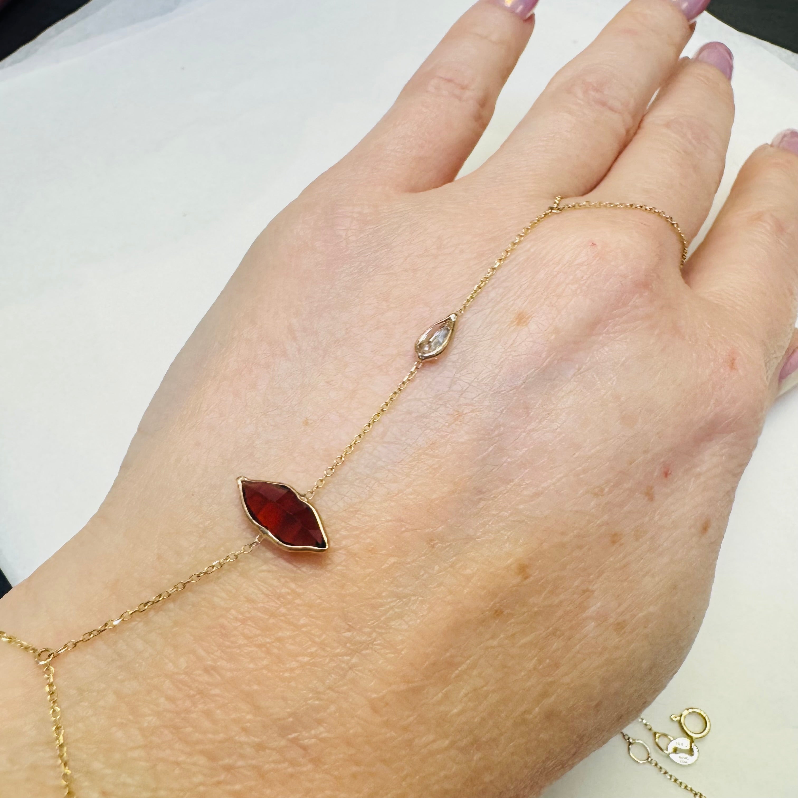 14K Yellow Gold Lip Garnet and Diamond Handchain