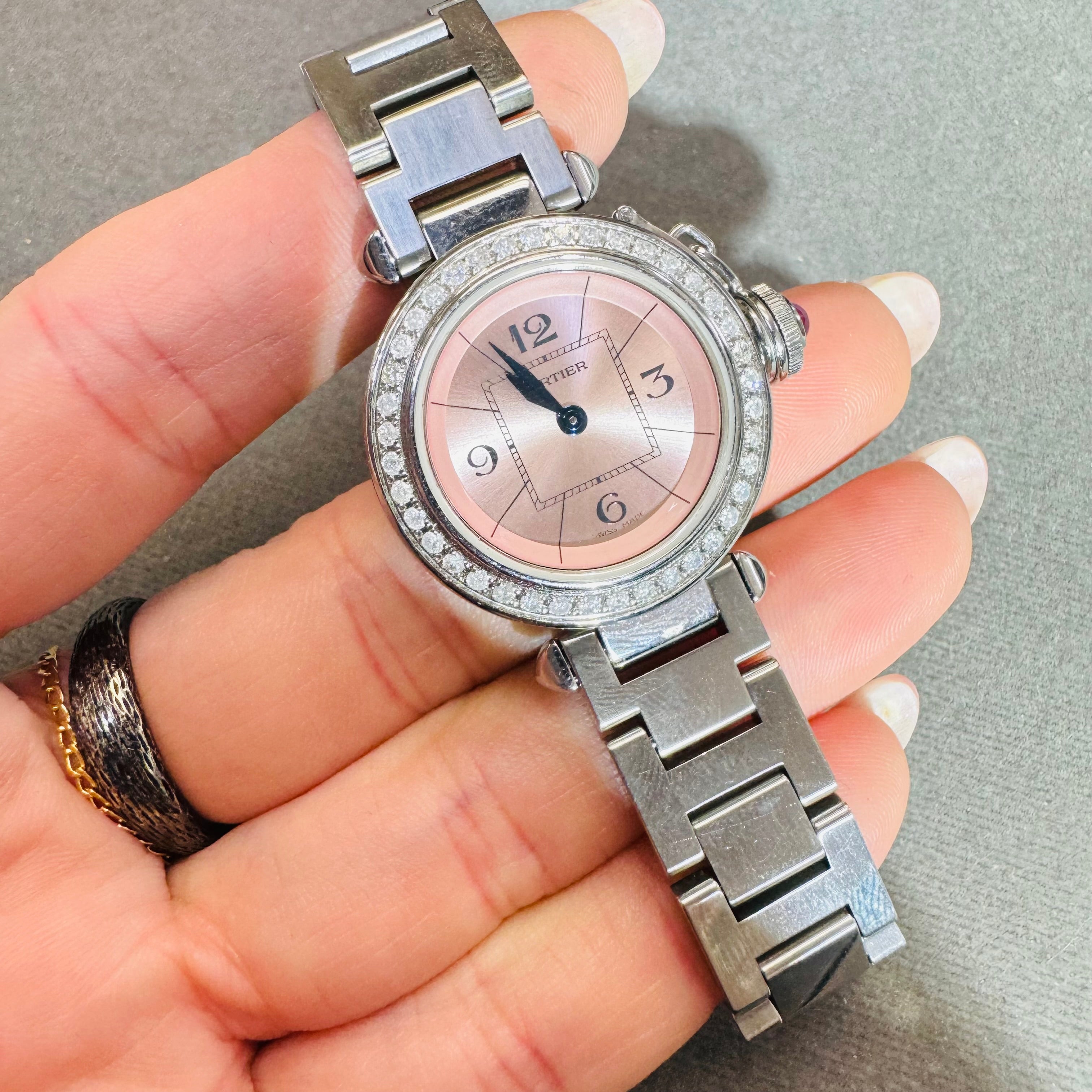 Cartier Pasha 28mm Steel Diamond Bezel Pink Dial Watch